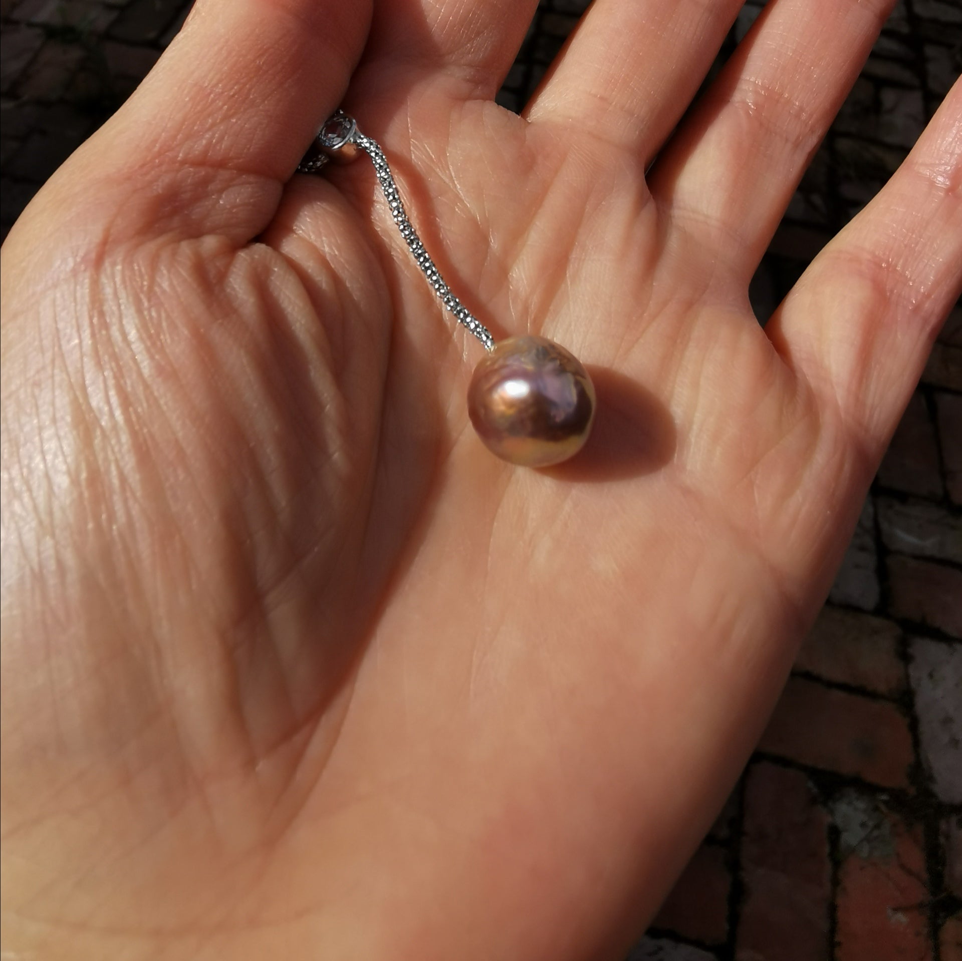 Sterling silver with cubic zircon unique colour freshwater pearl barque necklace