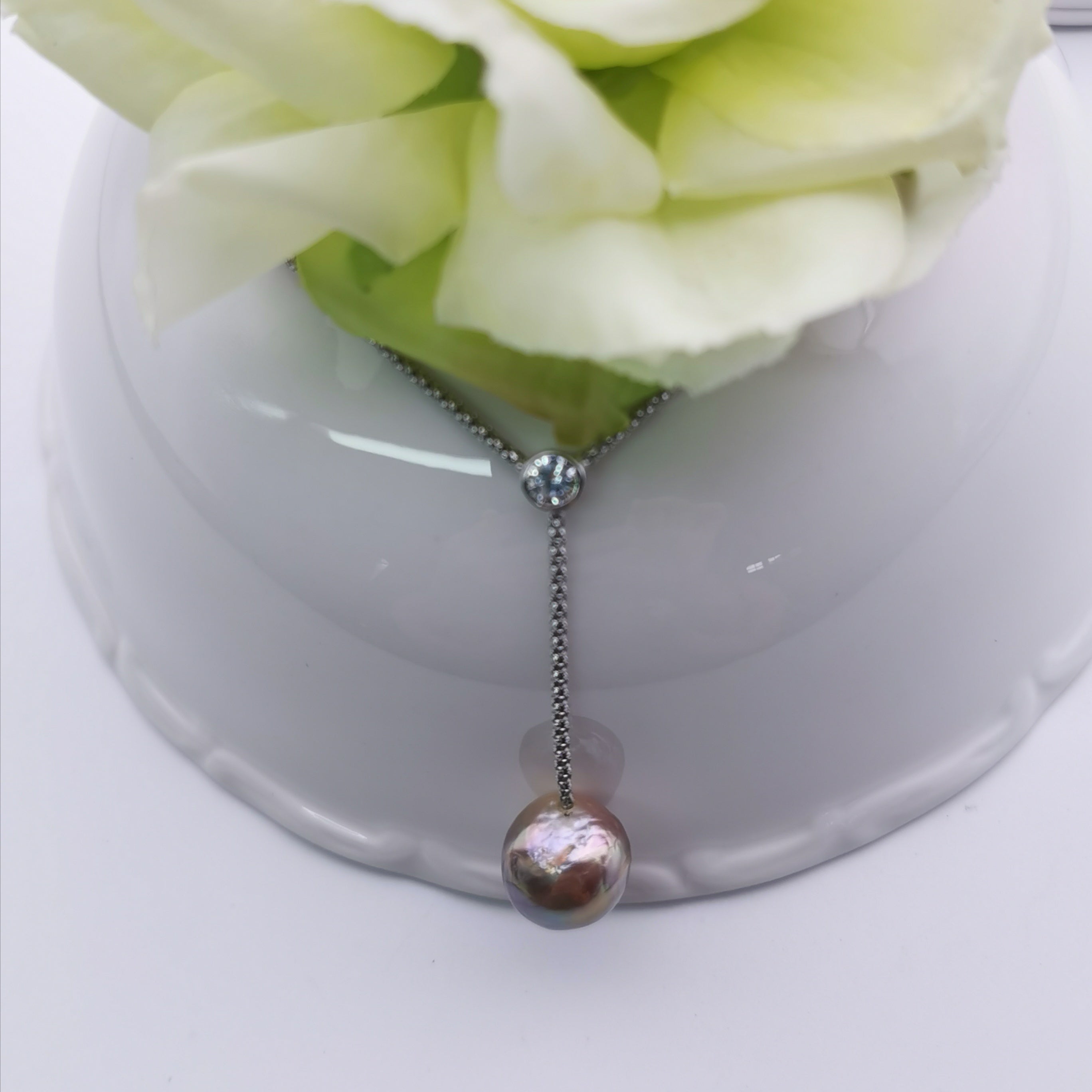 Sterling silver with cubic zircon unique colour freshwater pearl barque necklace