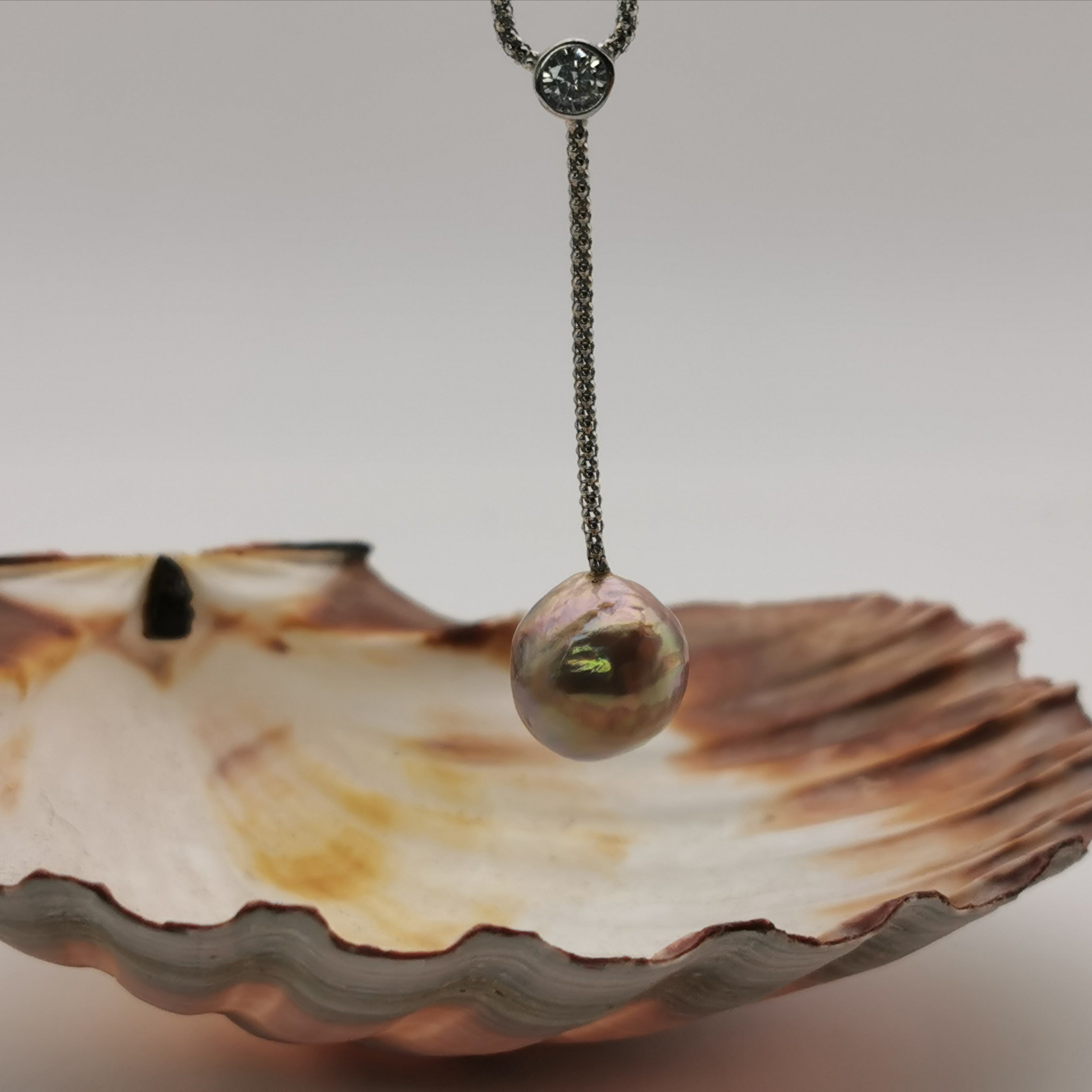 Sterling silver with cubic zircon unique colour freshwater pearl barque necklace