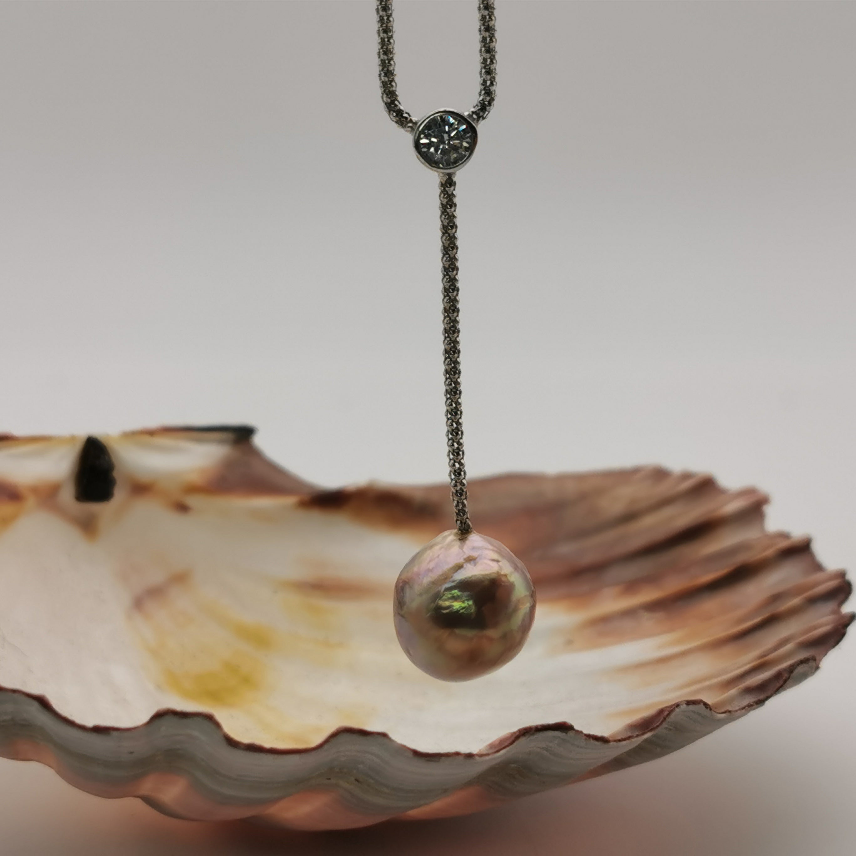 Sterling silver with cubic zircon unique colour freshwater pearl barque necklace