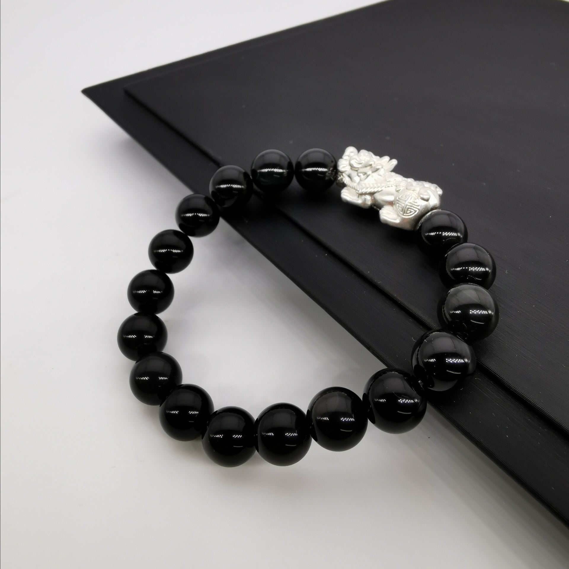 Unisex sterling silver 3D Pixiu with rainbow obsidian strech bracelet