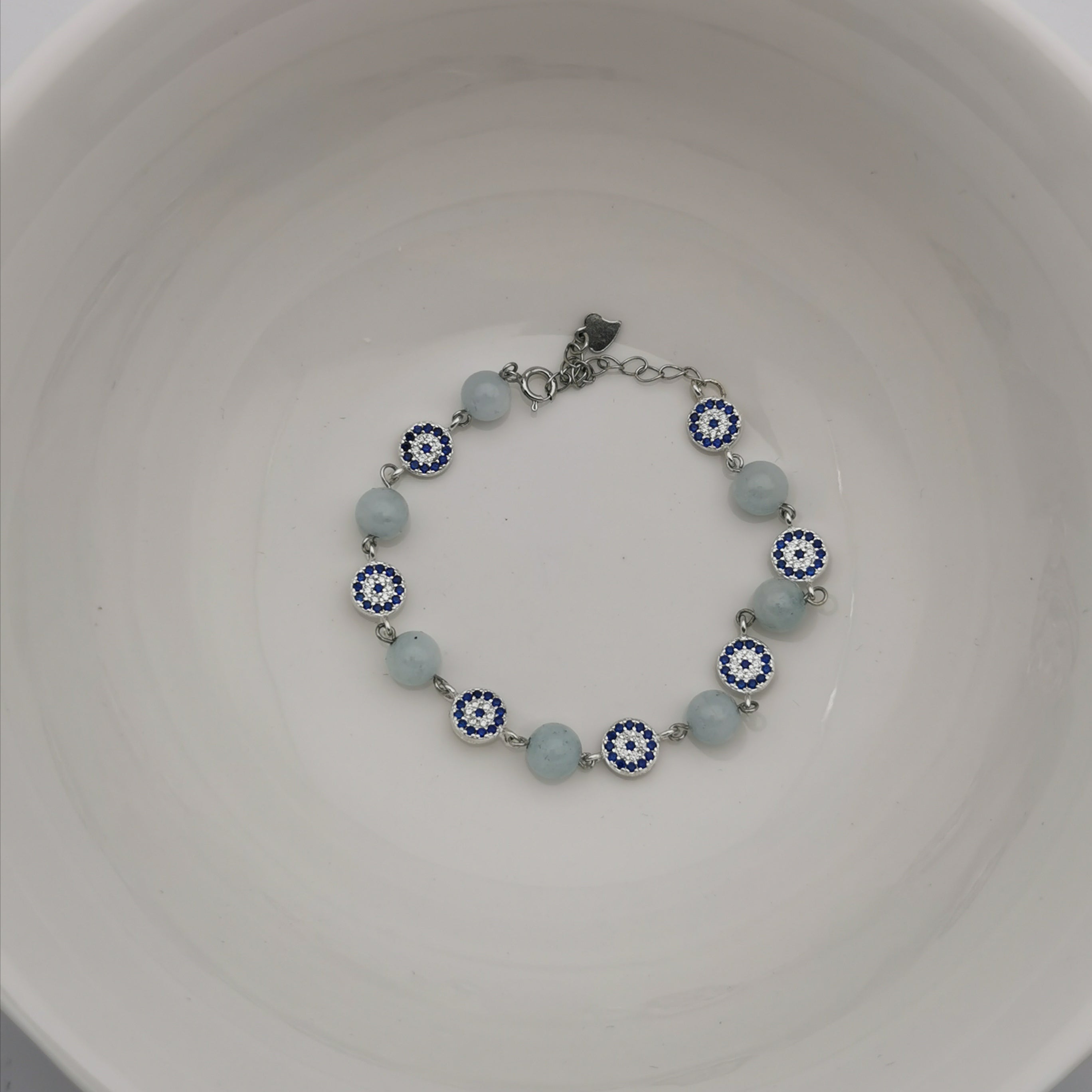 Handmade sterling silver evil eye with aquamarine adjustable bracelet