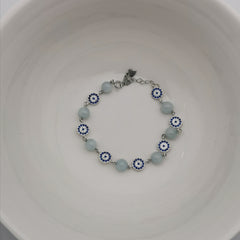 Handmade sterling silver evil eye with aquamarine adjustable bracelet
