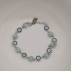 Handmade sterling silver evil eye with aquamarine adjustable bracelet