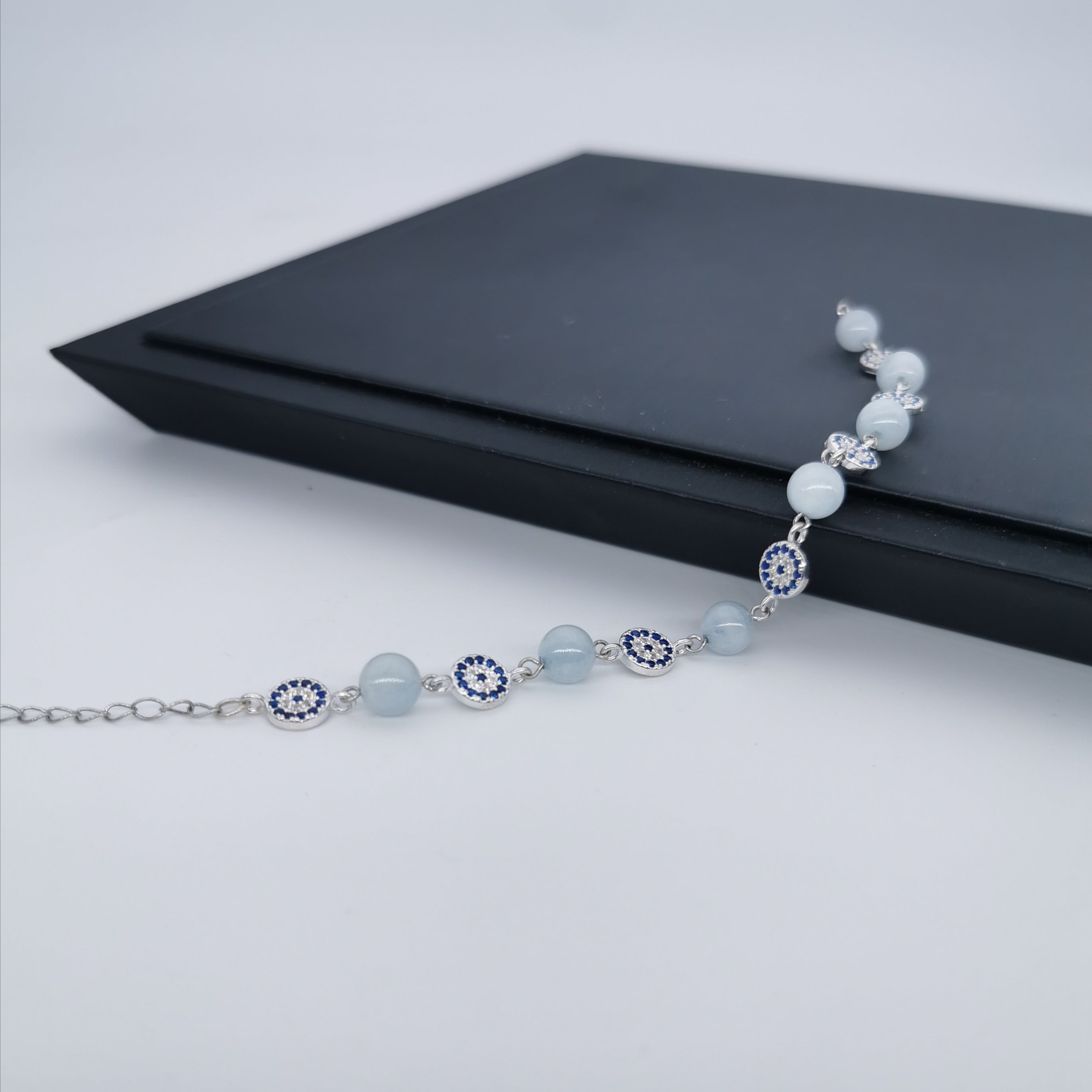 Handmade sterling silver evil eye with aquamarine adjustable bracelet