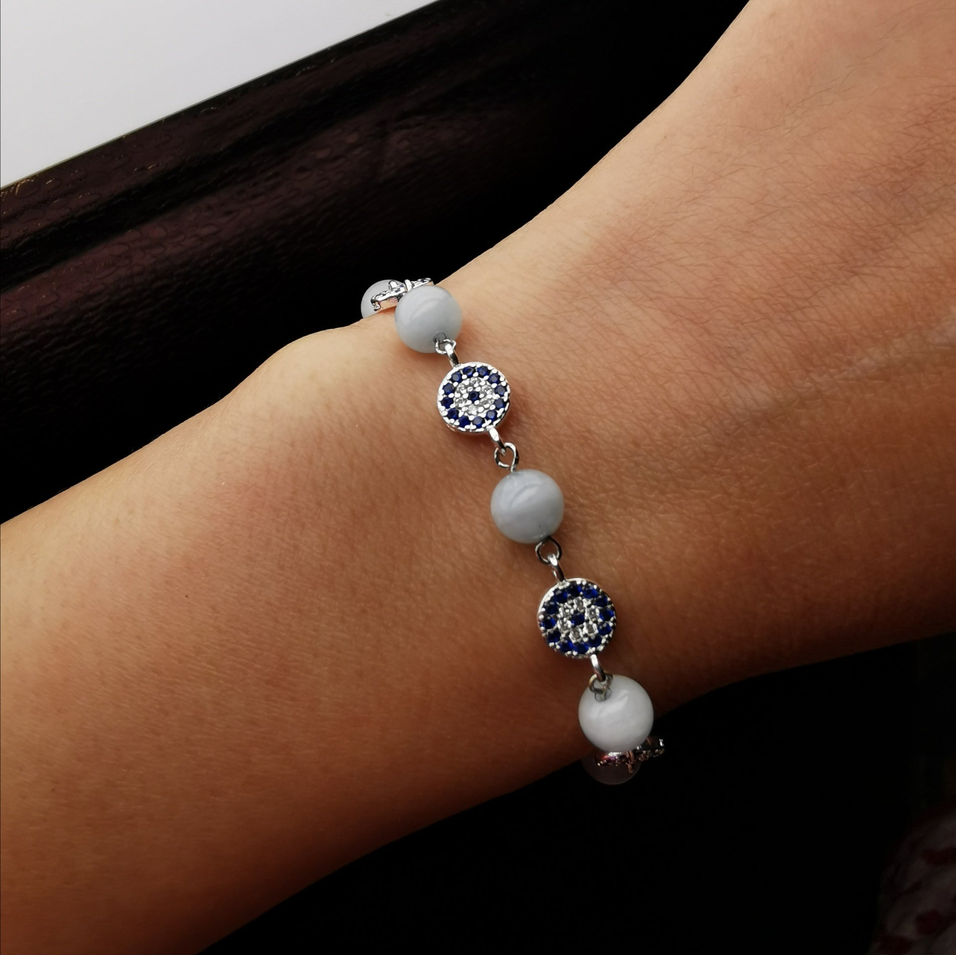 Handmade sterling silver evil eye with aquamarine adjustable bracelet
