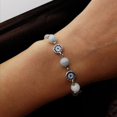 Handmade sterling silver evil eye with aquamarine adjustable bracelet