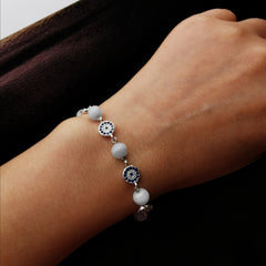 Handmade sterling silver evil eye with aquamarine adjustable bracelet