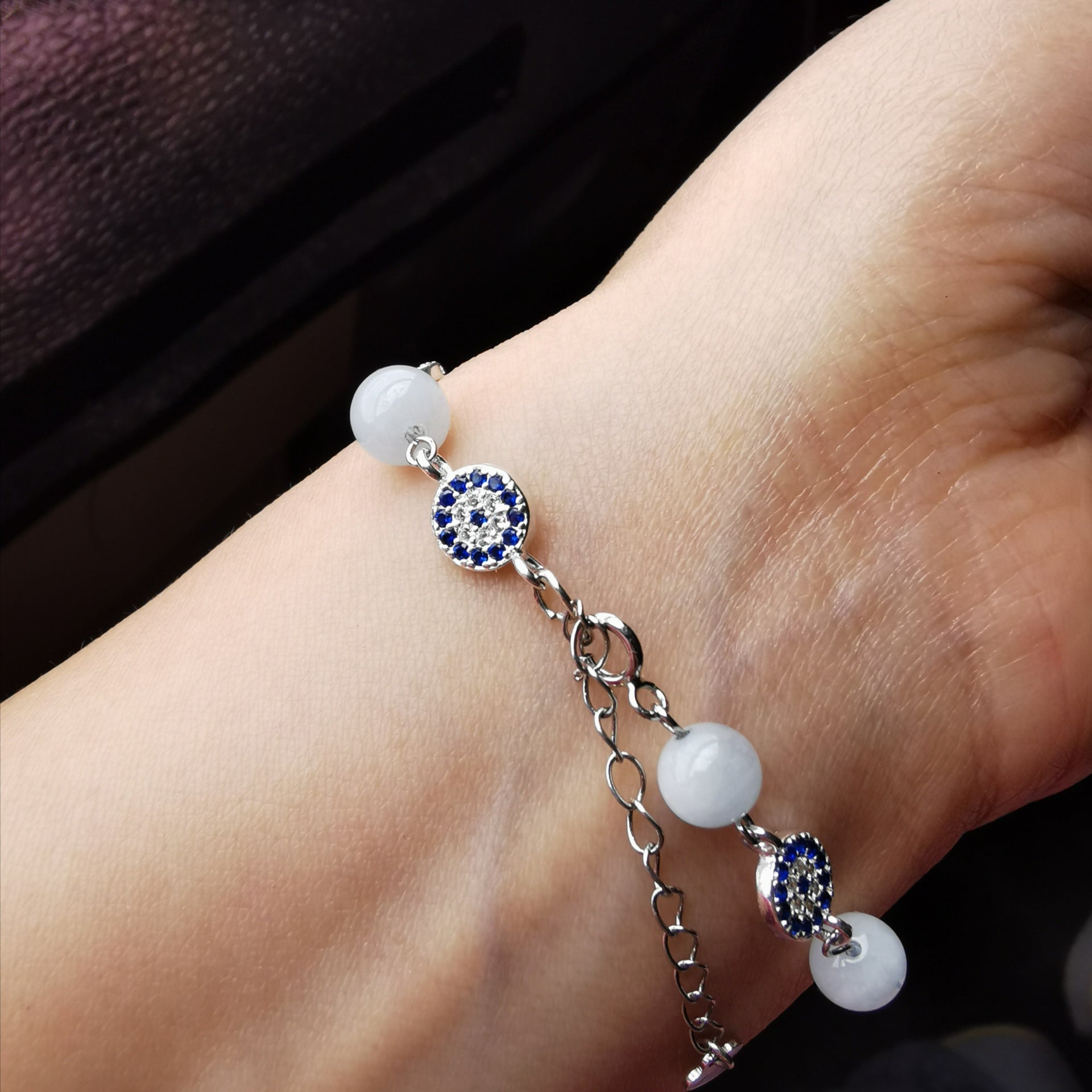 Handmade sterling silver evil eye with aquamarine adjustable bracelet