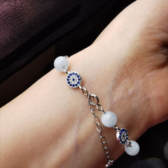 Handmade sterling silver evil eye with aquamarine adjustable bracelet