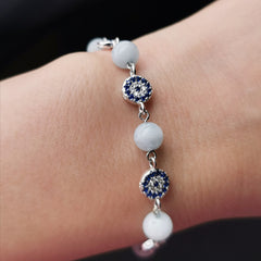 Handmade sterling silver evil eye with aquamarine adjustable bracelet