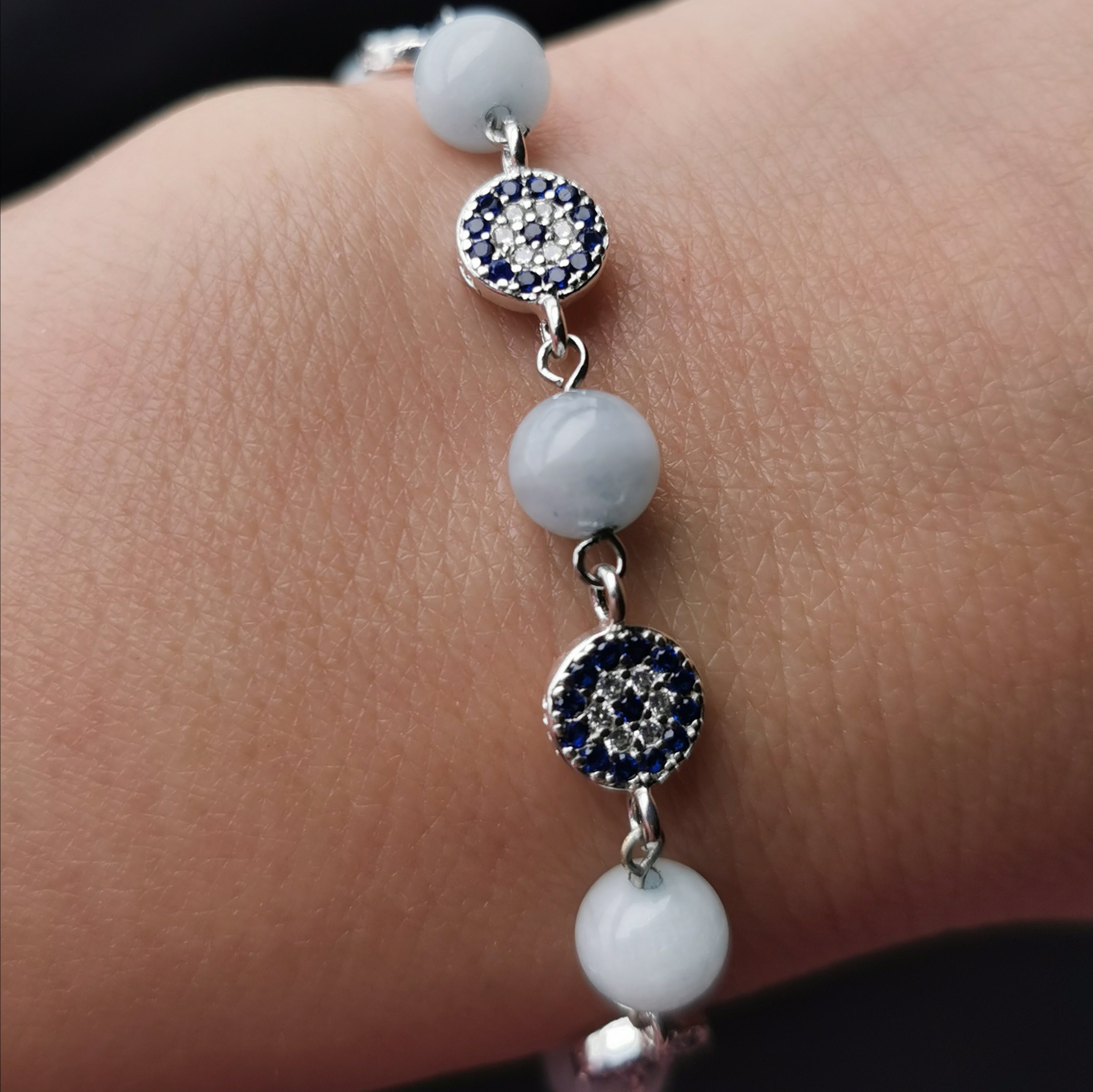 Handmade sterling silver evil eye with aquamarine adjustable bracelet