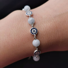 Handmade sterling silver evil eye with aquamarine adjustable bracelet