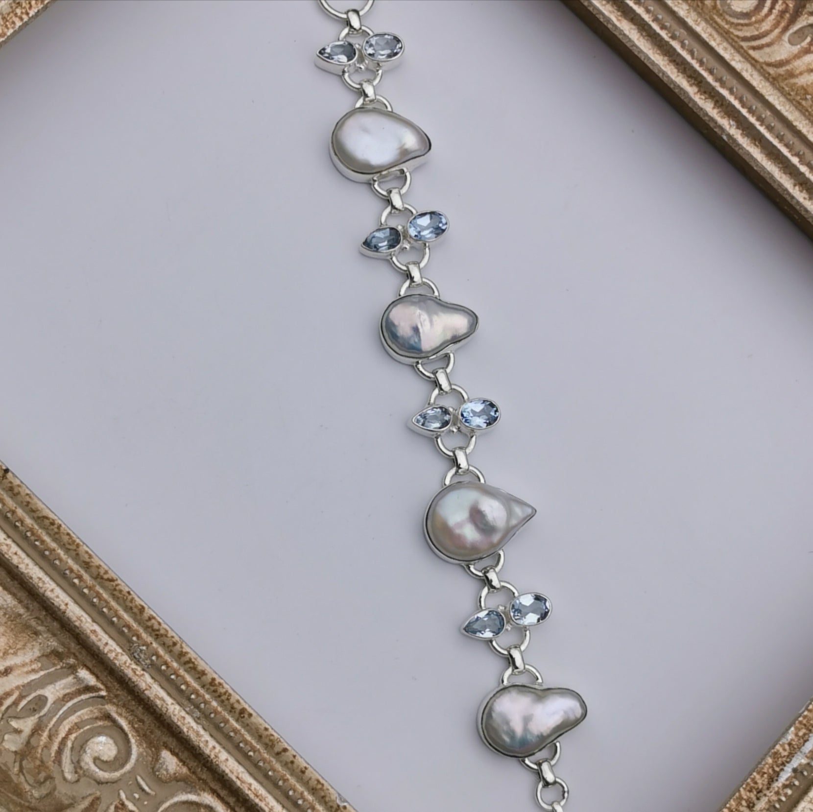 Unique sterling silver with nature baroque pearl+nature Topaz bracelet