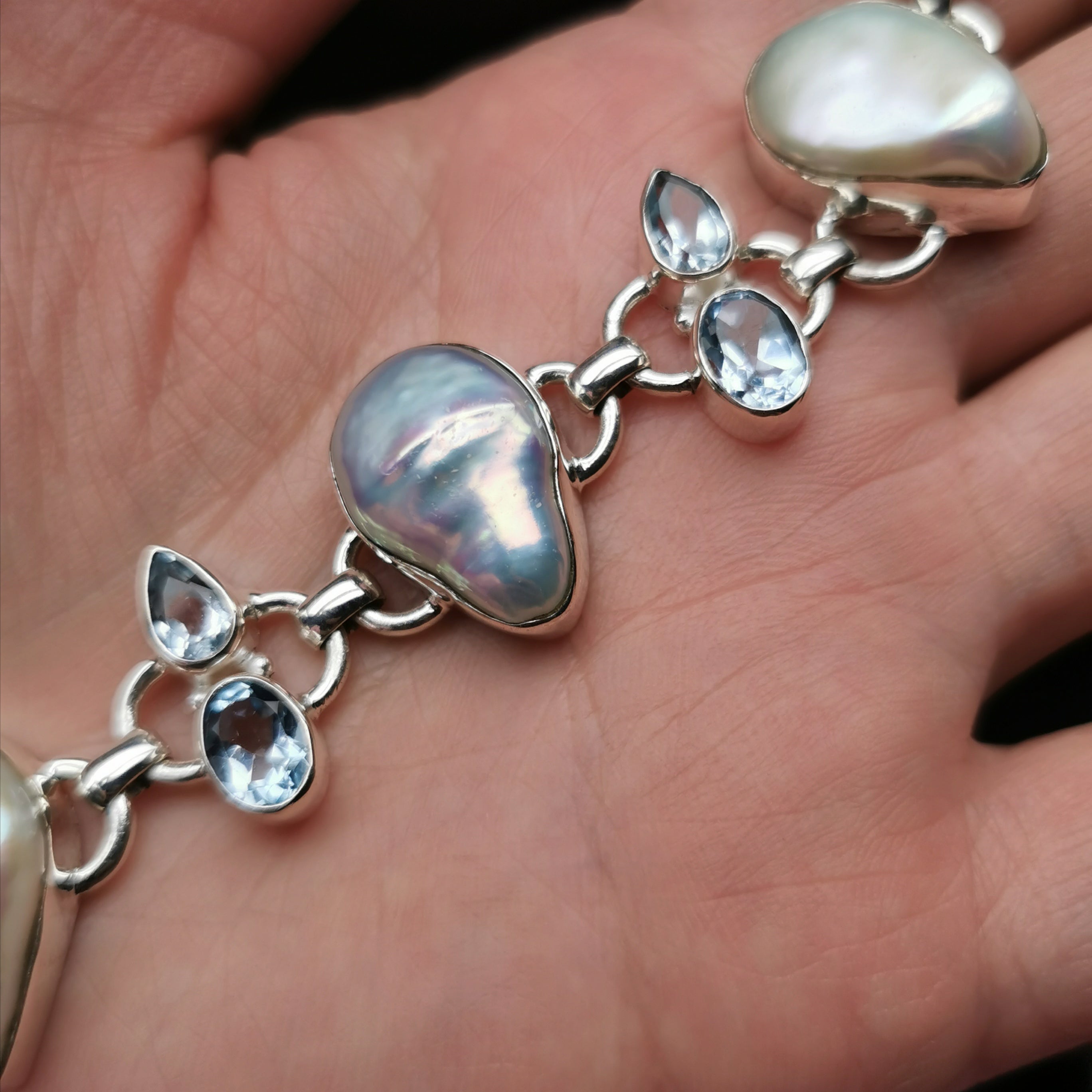 Unique sterling silver with nature baroque pearl+nature Topaz bracelet