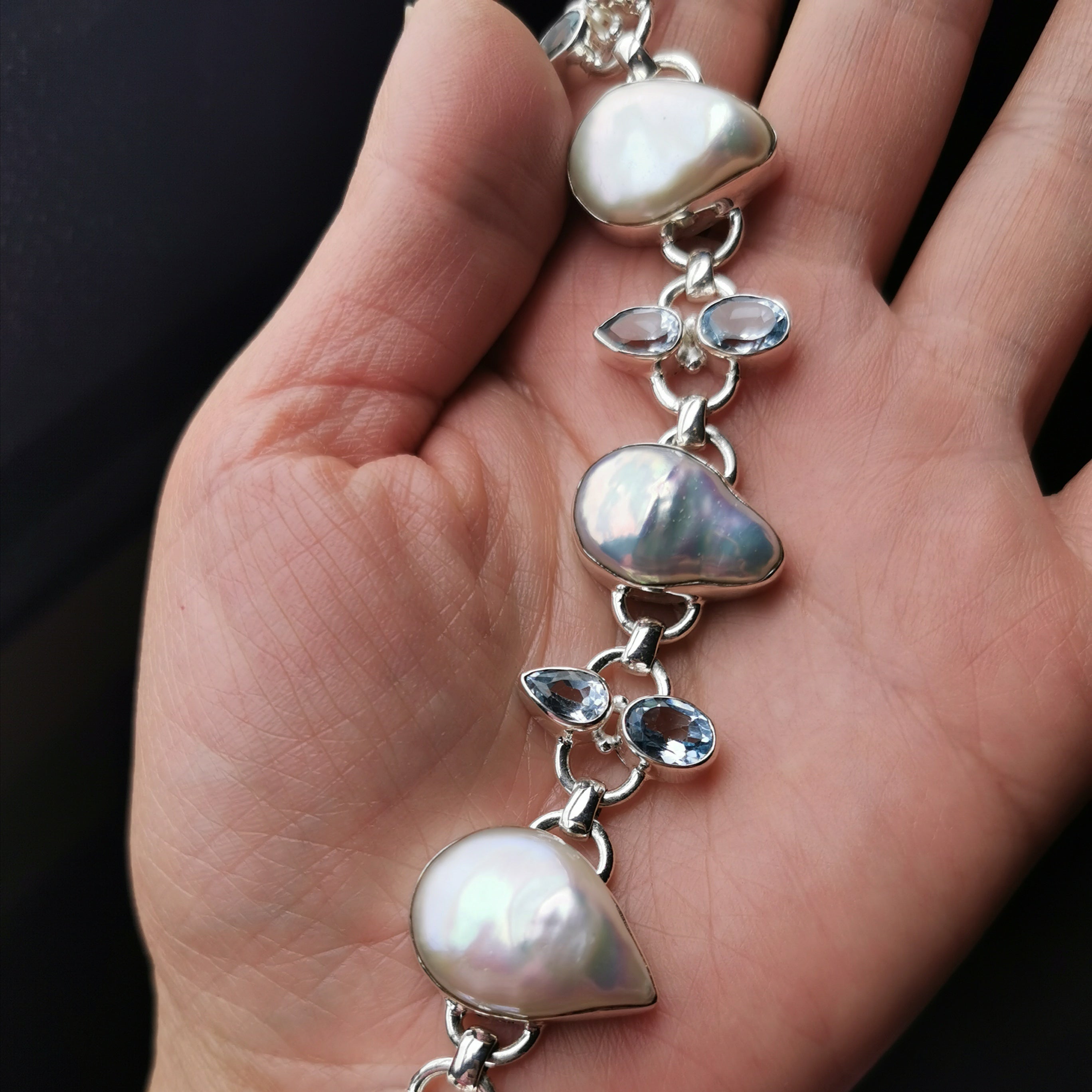 Unique sterling silver with nature baroque pearl+nature Topaz bracelet
