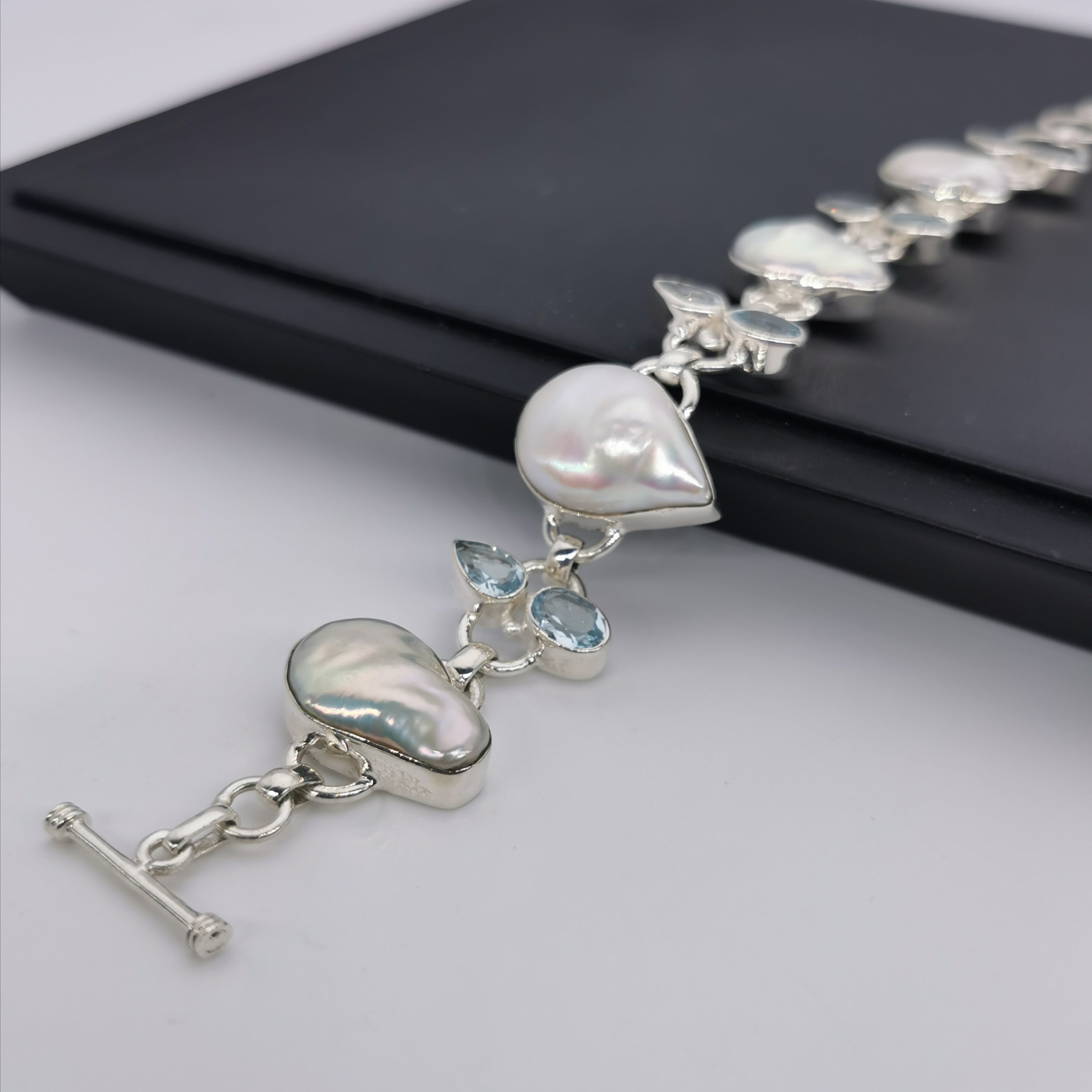 Unique sterling silver with nature baroque pearl+nature Topaz bracelet