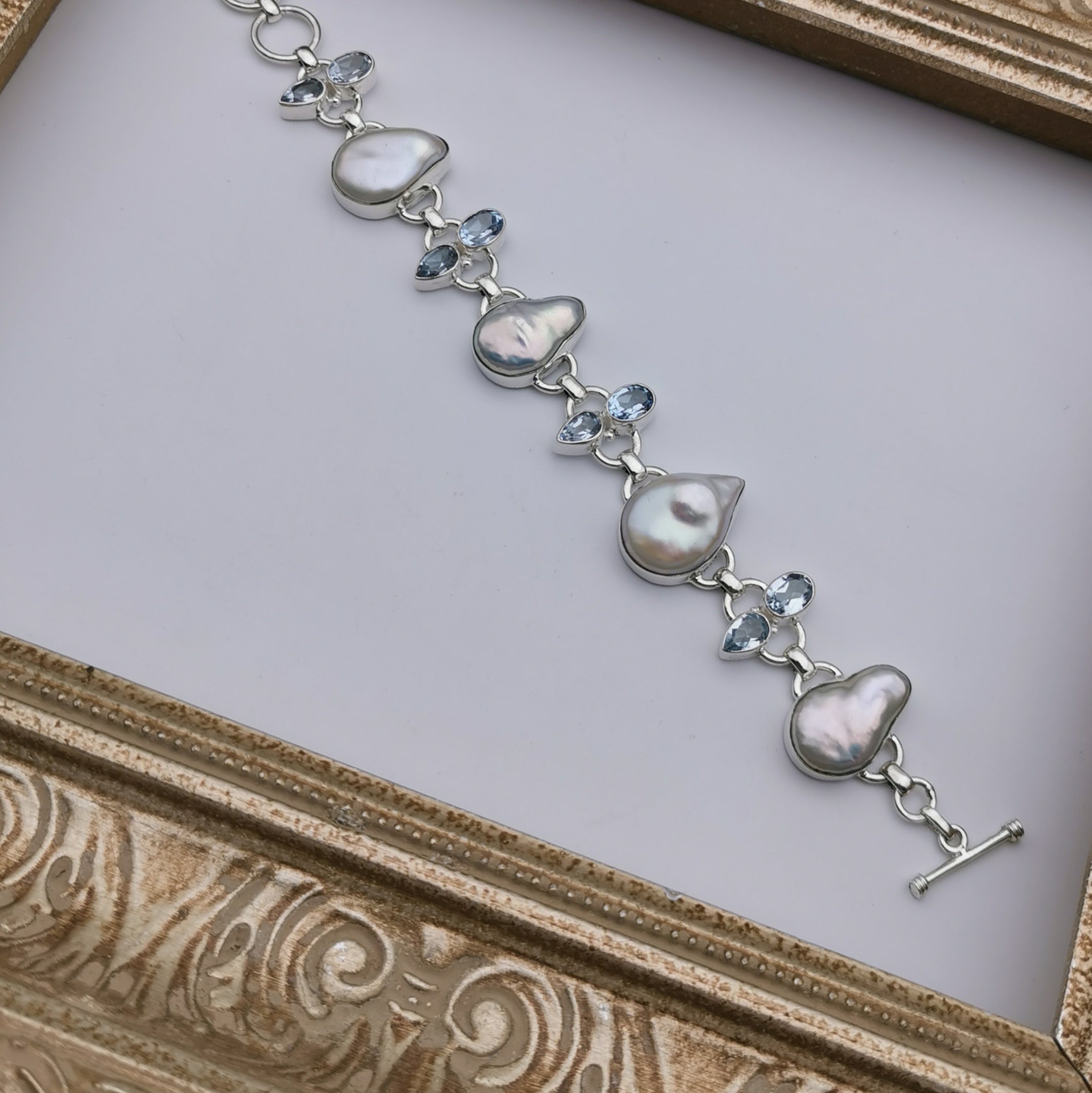 Unique sterling silver with nature baroque pearl+nature Topaz bracelet