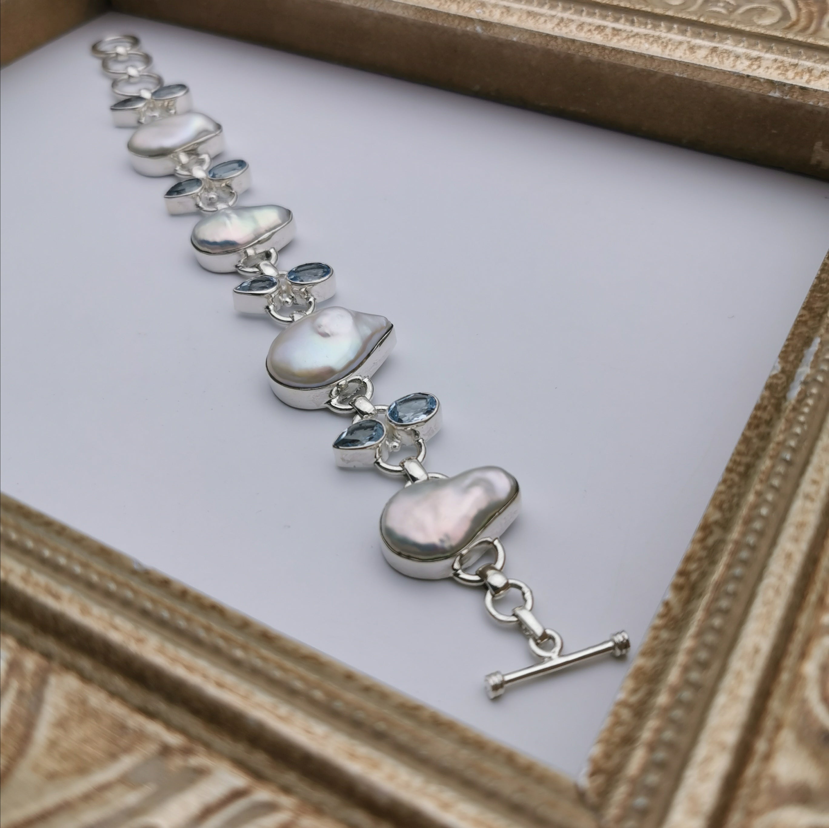 Unique sterling silver with nature baroque pearl+nature Topaz bracelet
