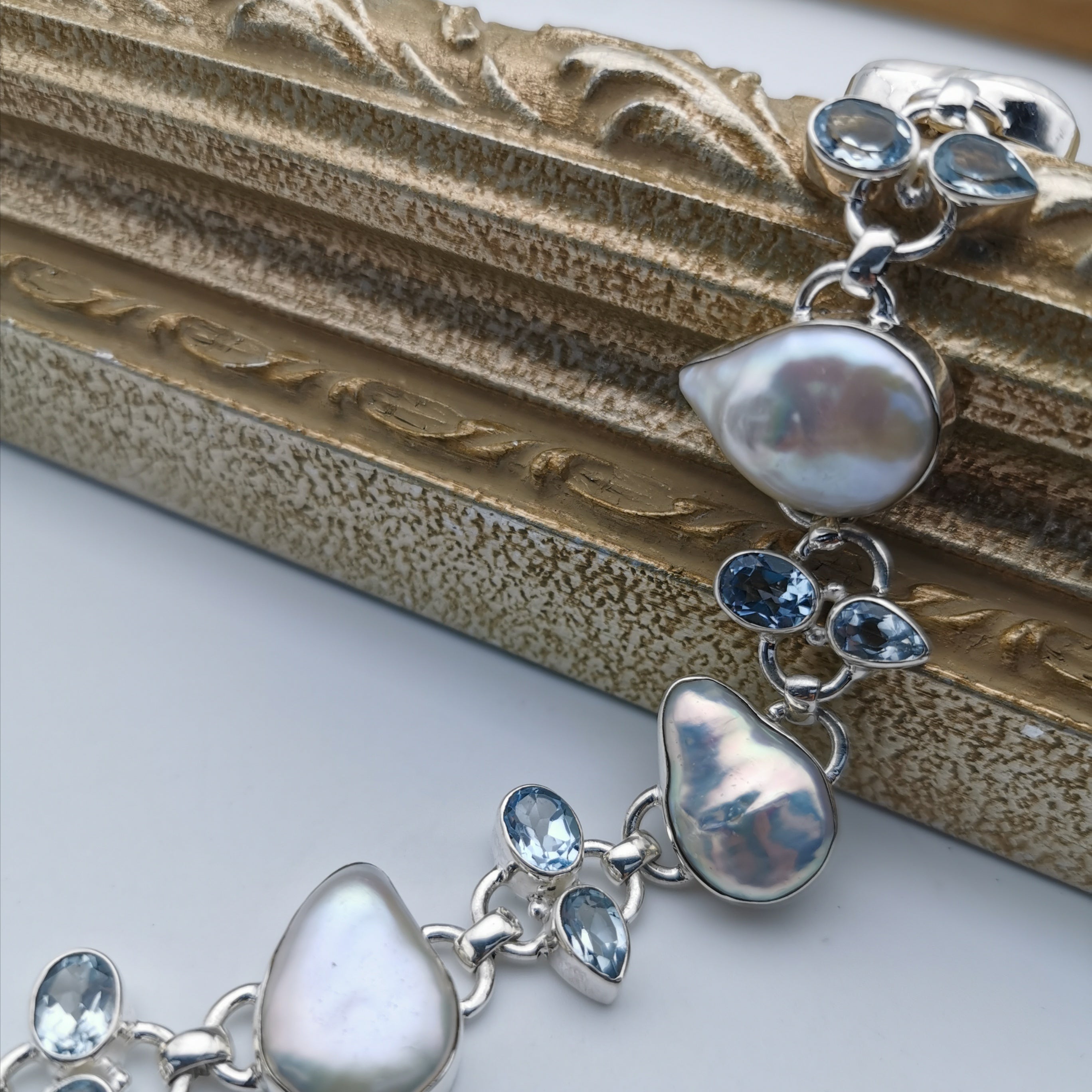 Unique sterling silver with nature baroque pearl+nature Topaz bracelet