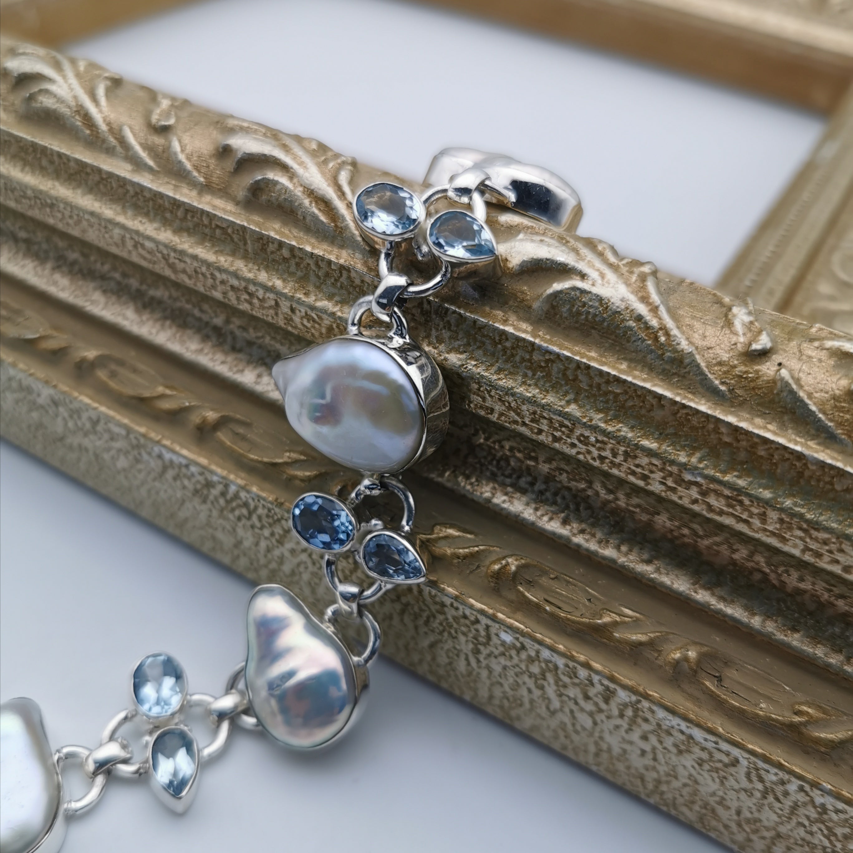 Unique sterling silver with nature baroque pearl+nature Topaz bracelet