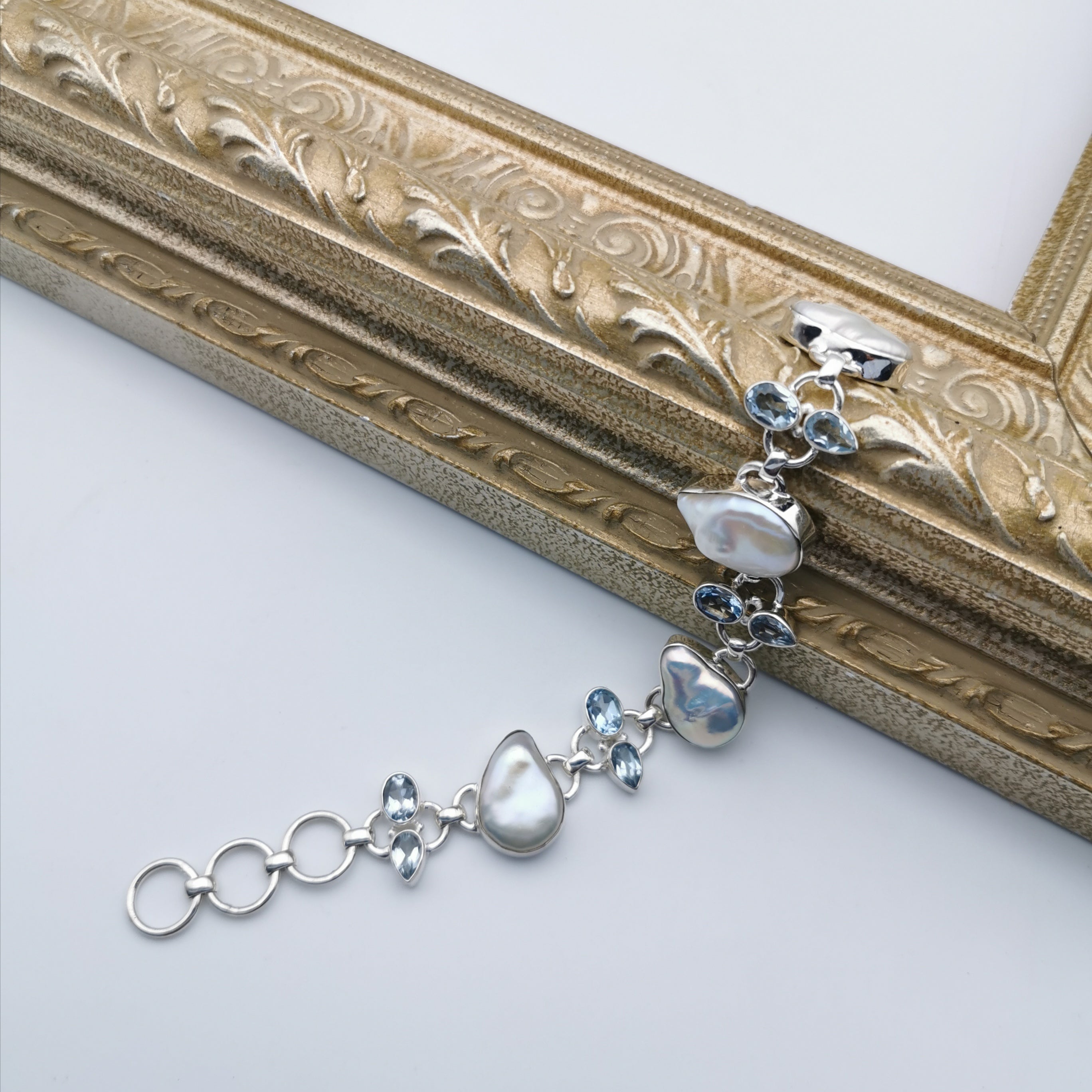Unique sterling silver with nature baroque pearl+nature Topaz bracelet