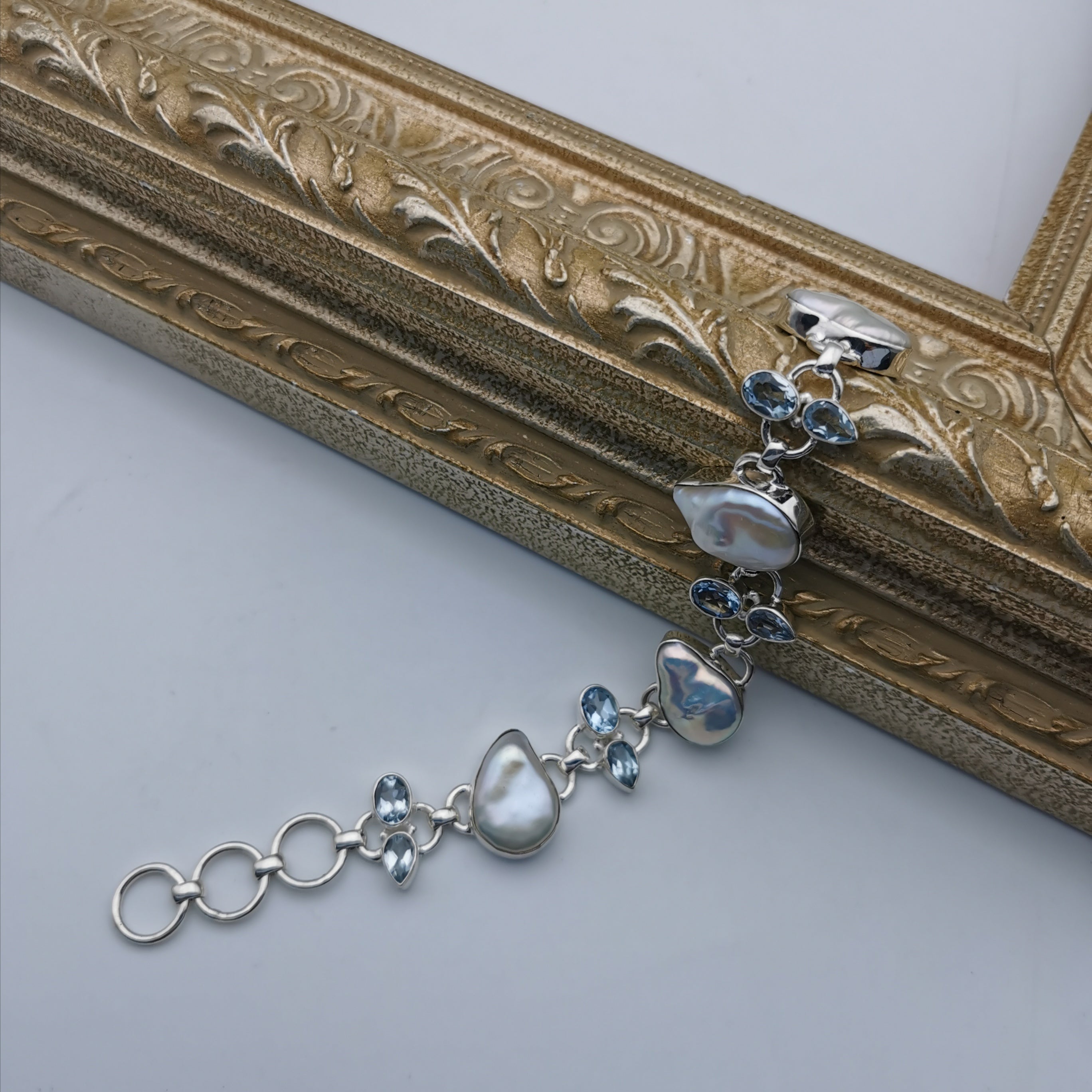 Unique sterling silver with nature baroque pearl+nature Topaz bracelet