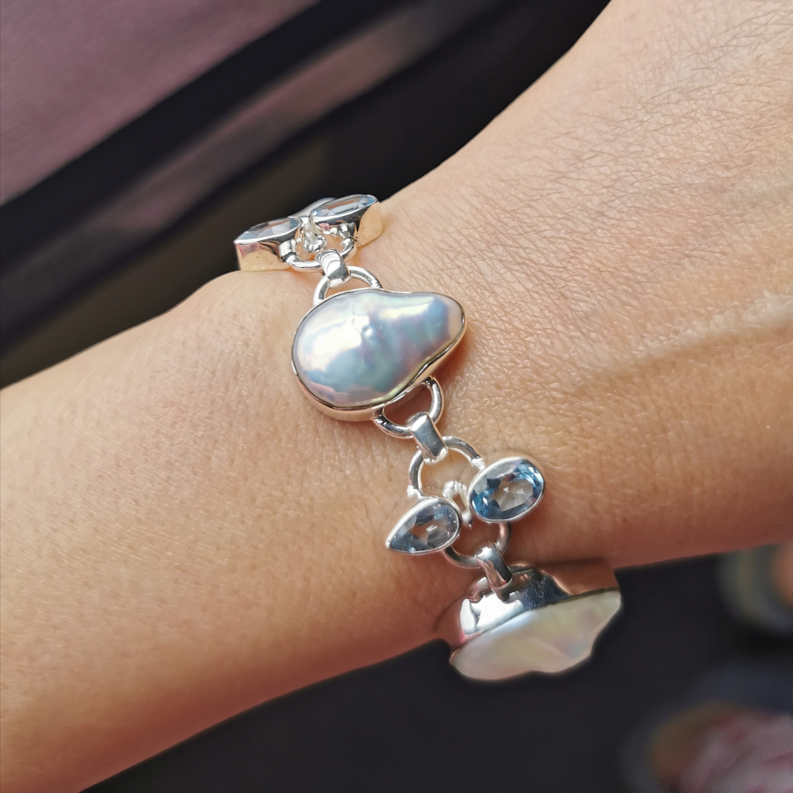 Unique sterling silver with nature baroque pearl+nature Topaz bracelet
