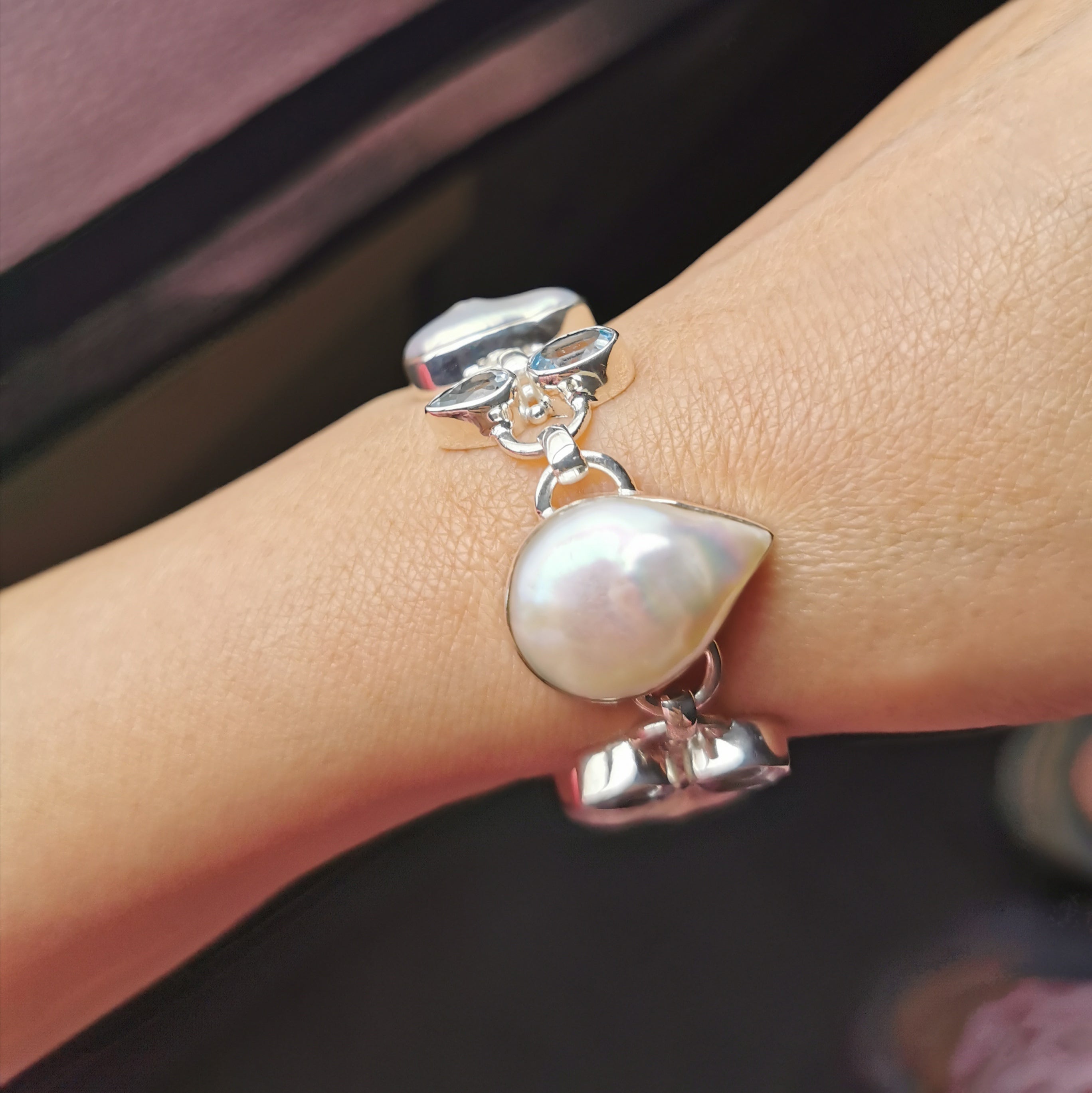 Unique sterling silver with nature baroque pearl+nature Topaz bracelet