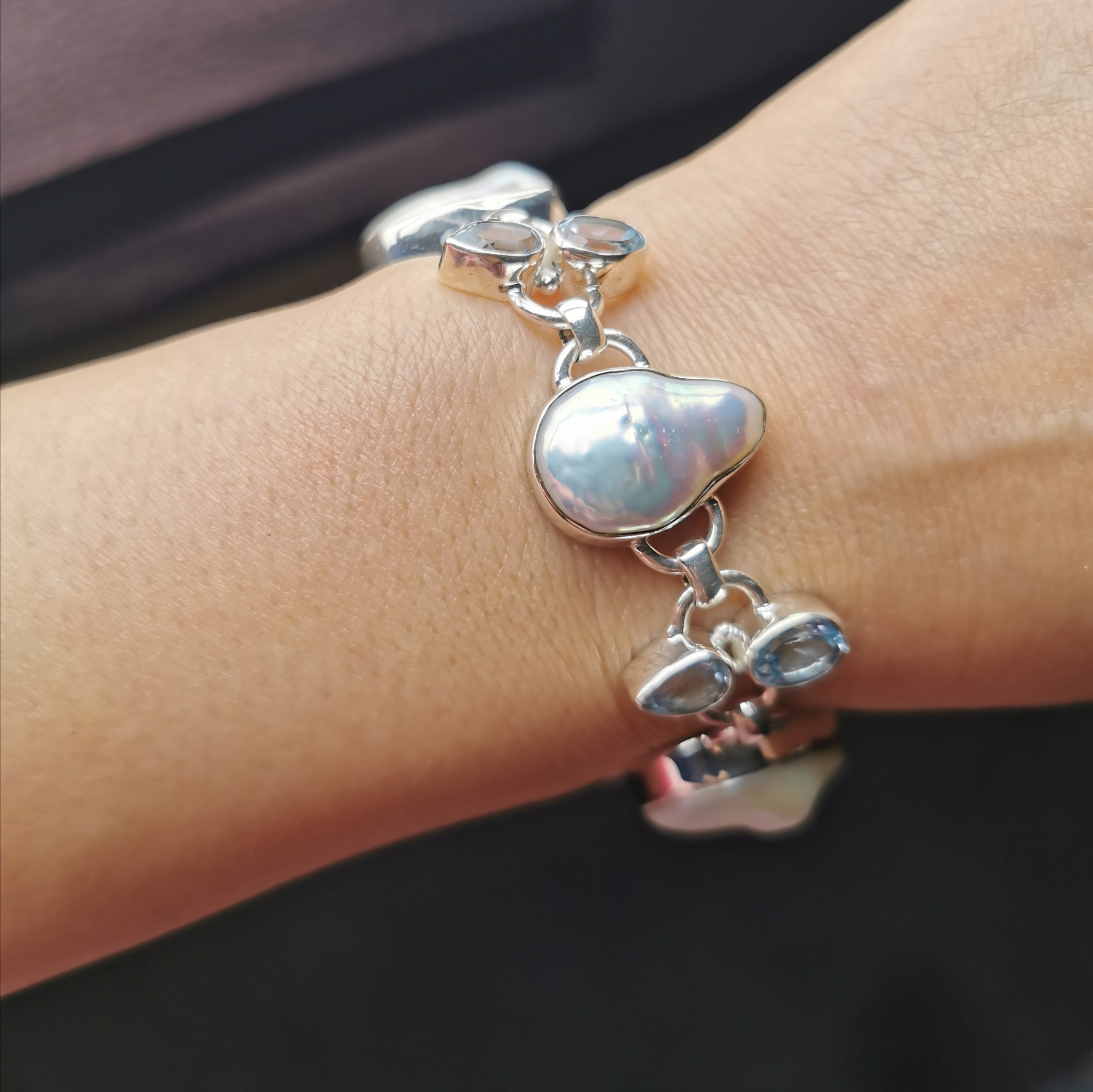 Unique sterling silver with nature baroque pearl+nature Topaz bracelet