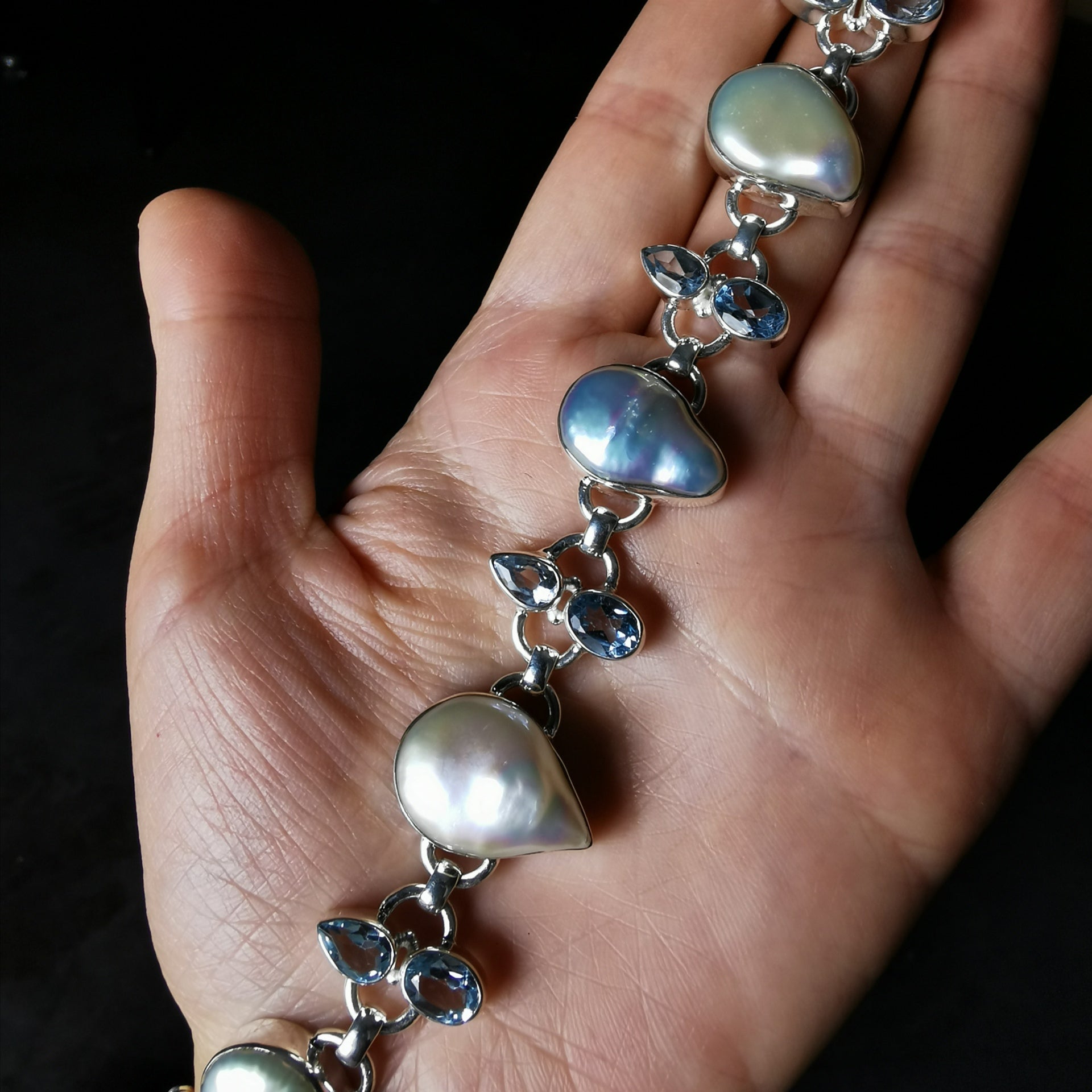 Unique sterling silver with nature baroque pearl+nature Topaz bracelet