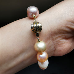 18ct gold with 10.5-11.5mm freshwater multi colour pearl bracelet