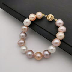 18ct gold with 10.5-11.5mm freshwater multi colour pearl bracelet