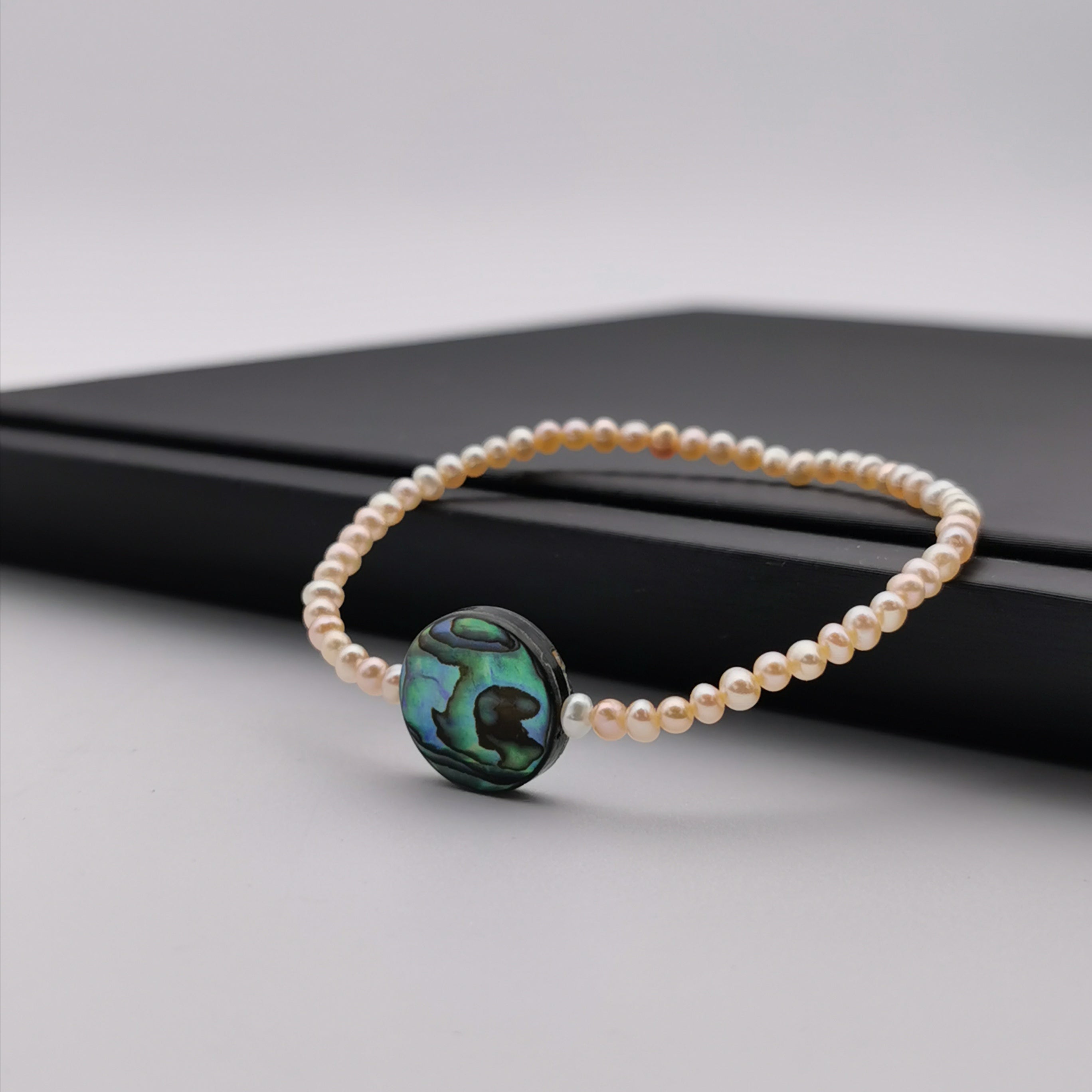 3mm mini pink freshwater pearl with Paua shell stretch bracelet