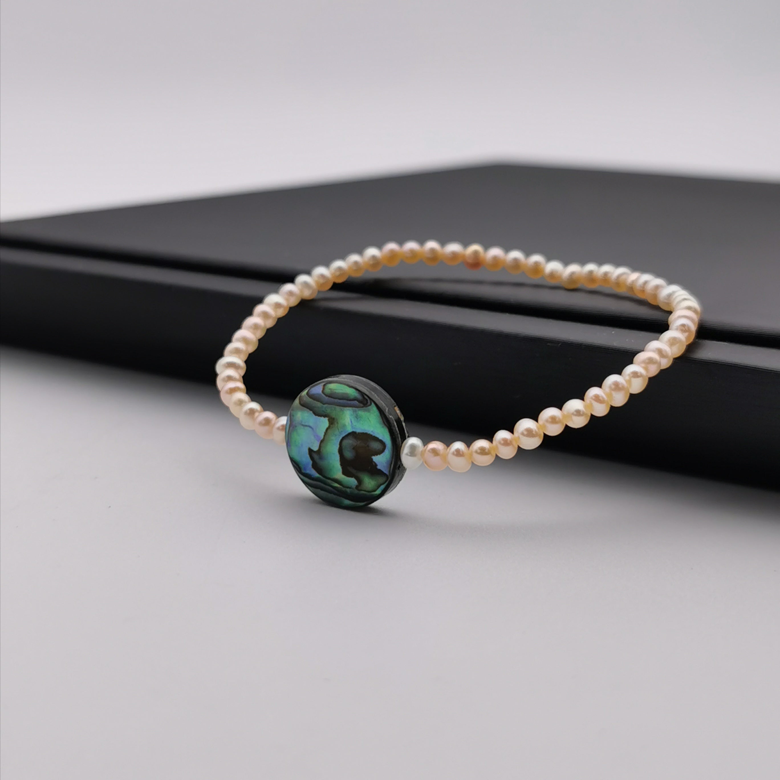3mm mini pink freshwater pearl with Paua shell stretch bracelet
