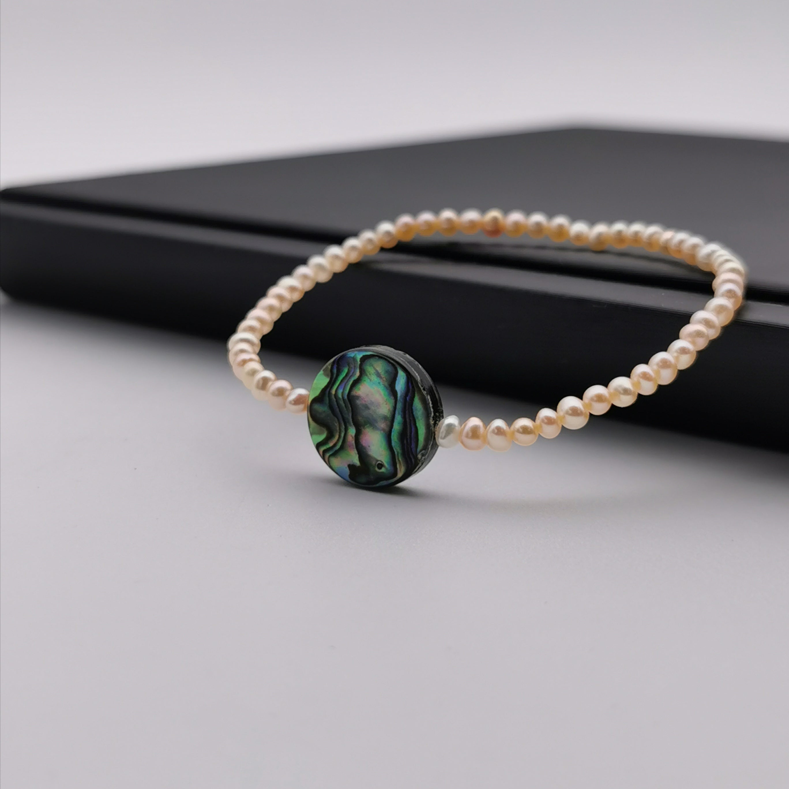 3mm mini pink freshwater pearl with Paua shell stretch bracelet