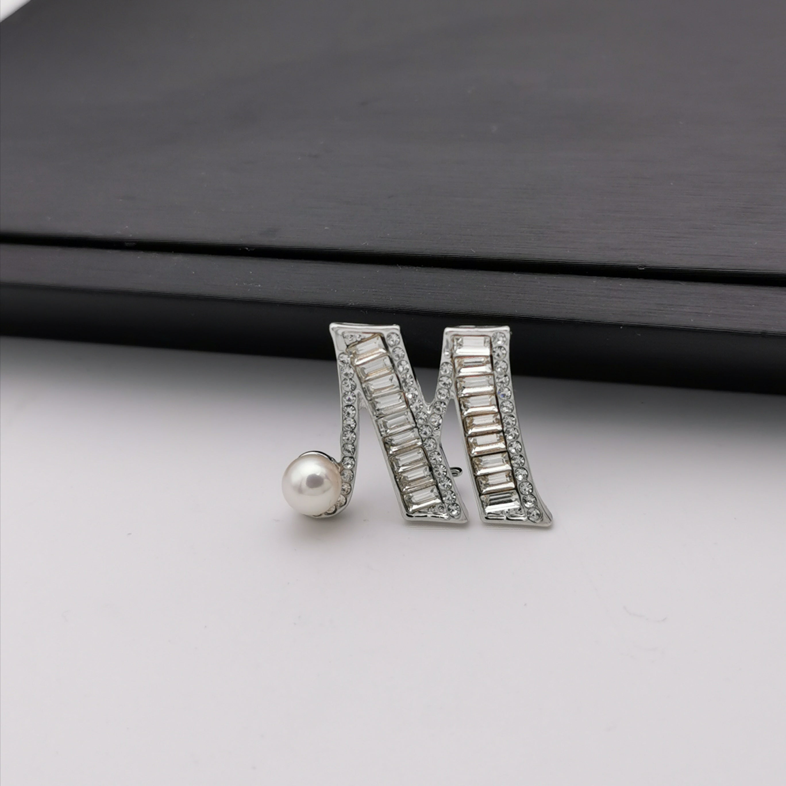 Letter M freshwater pearl brooch