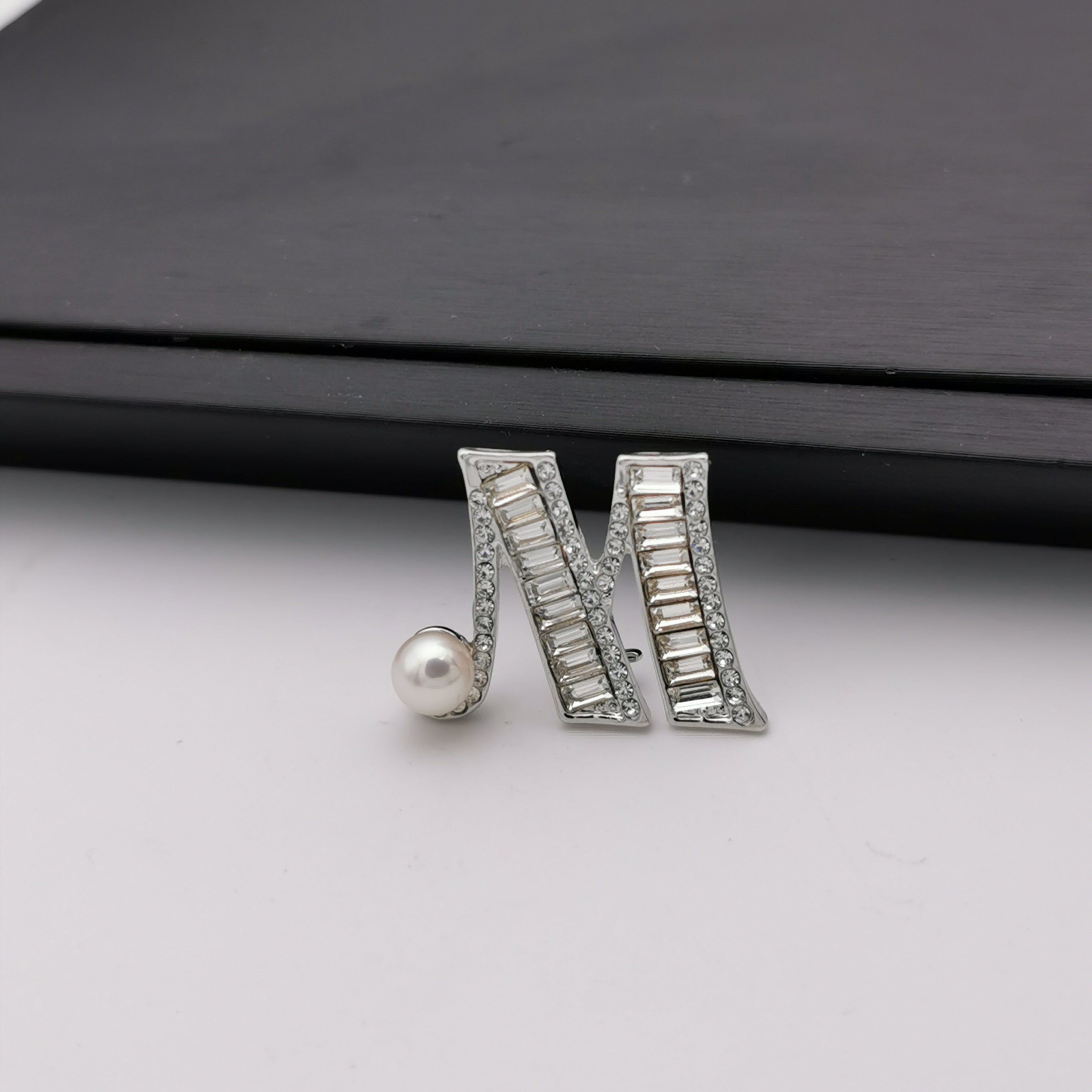 Letter M freshwater pearl brooch