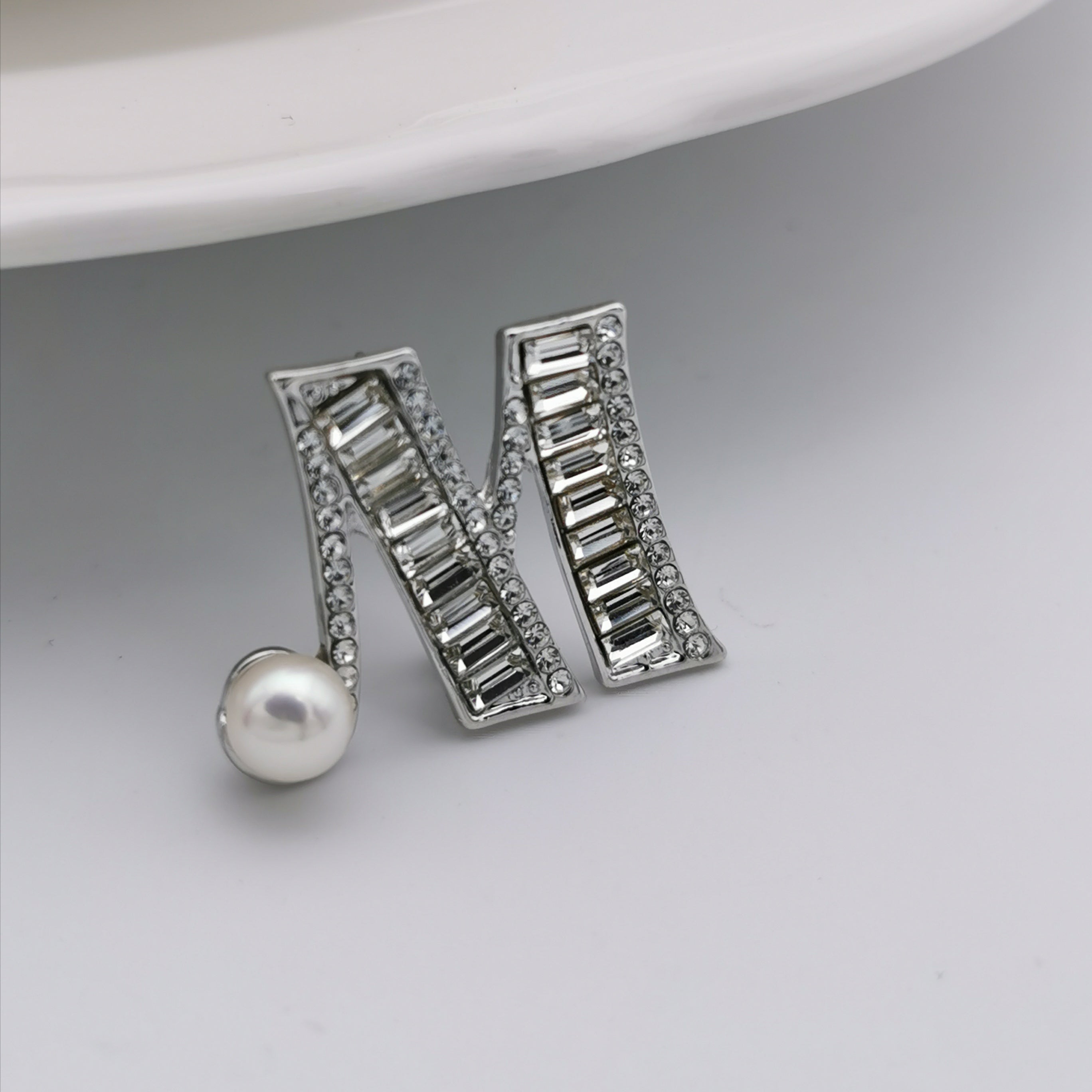 Letter M freshwater pearl brooch
