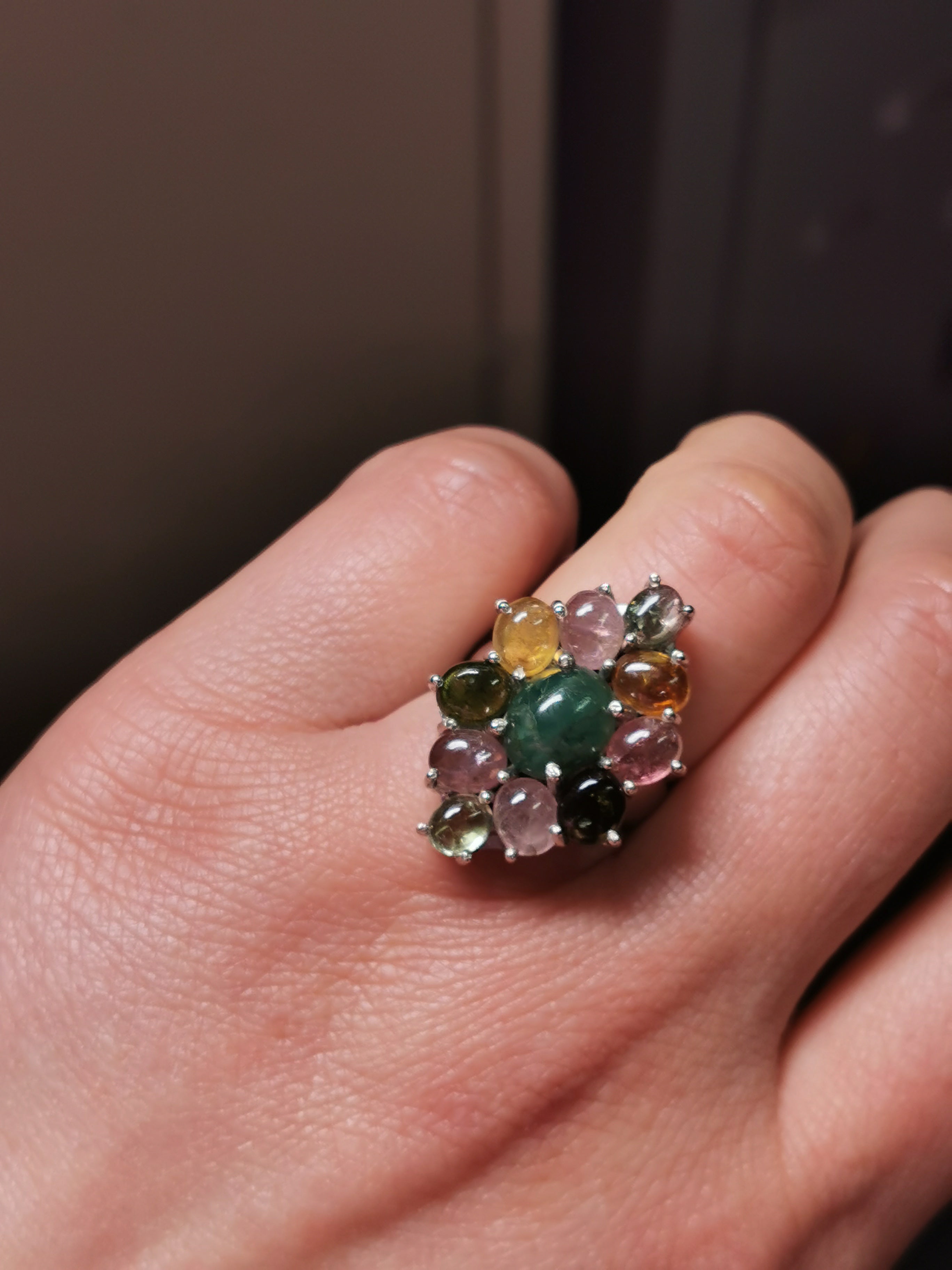 Sterling silver with tourmaline and emerld ring
