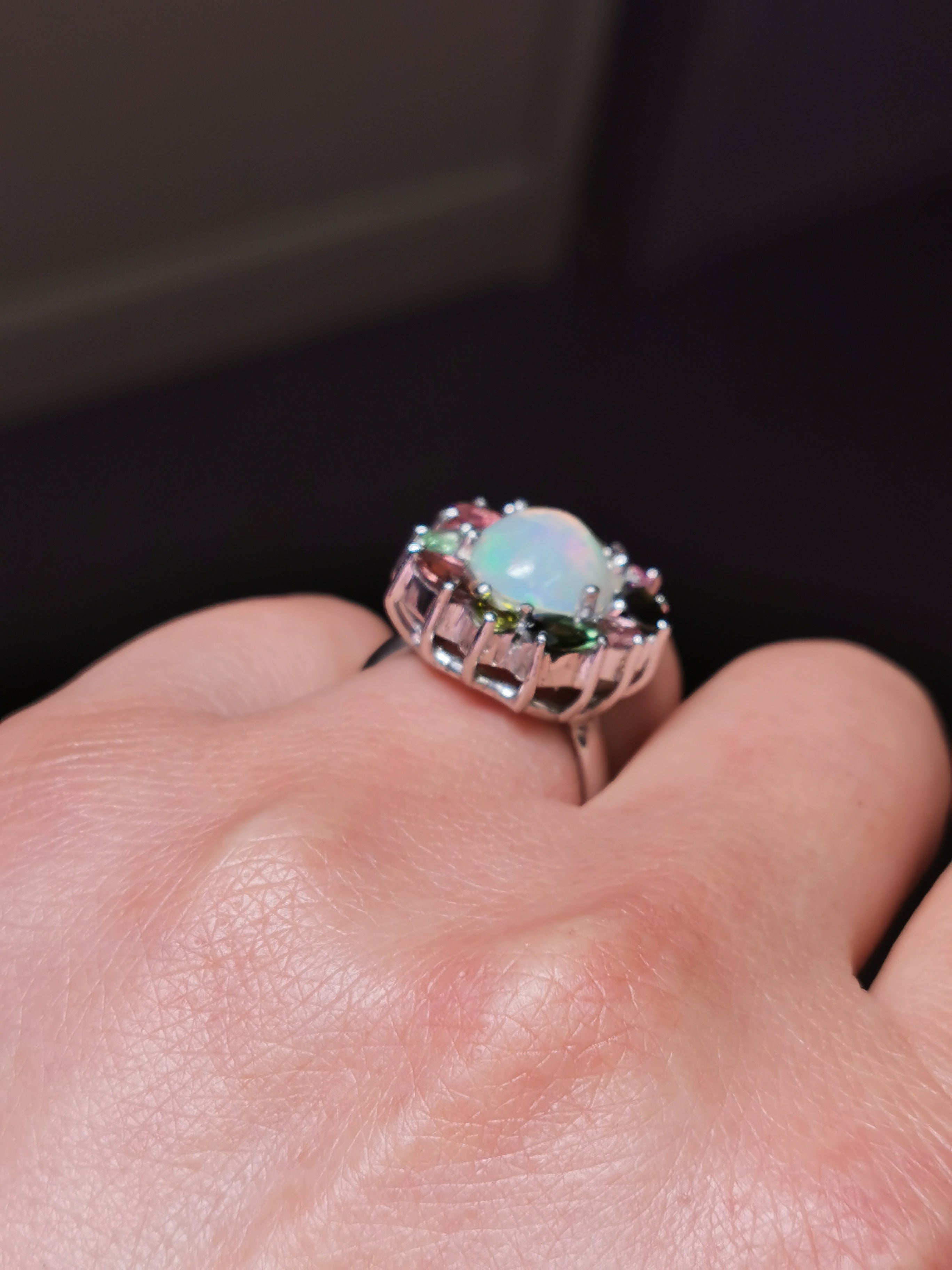 Sterling silver with Ethiopian opal and tourmaline ring