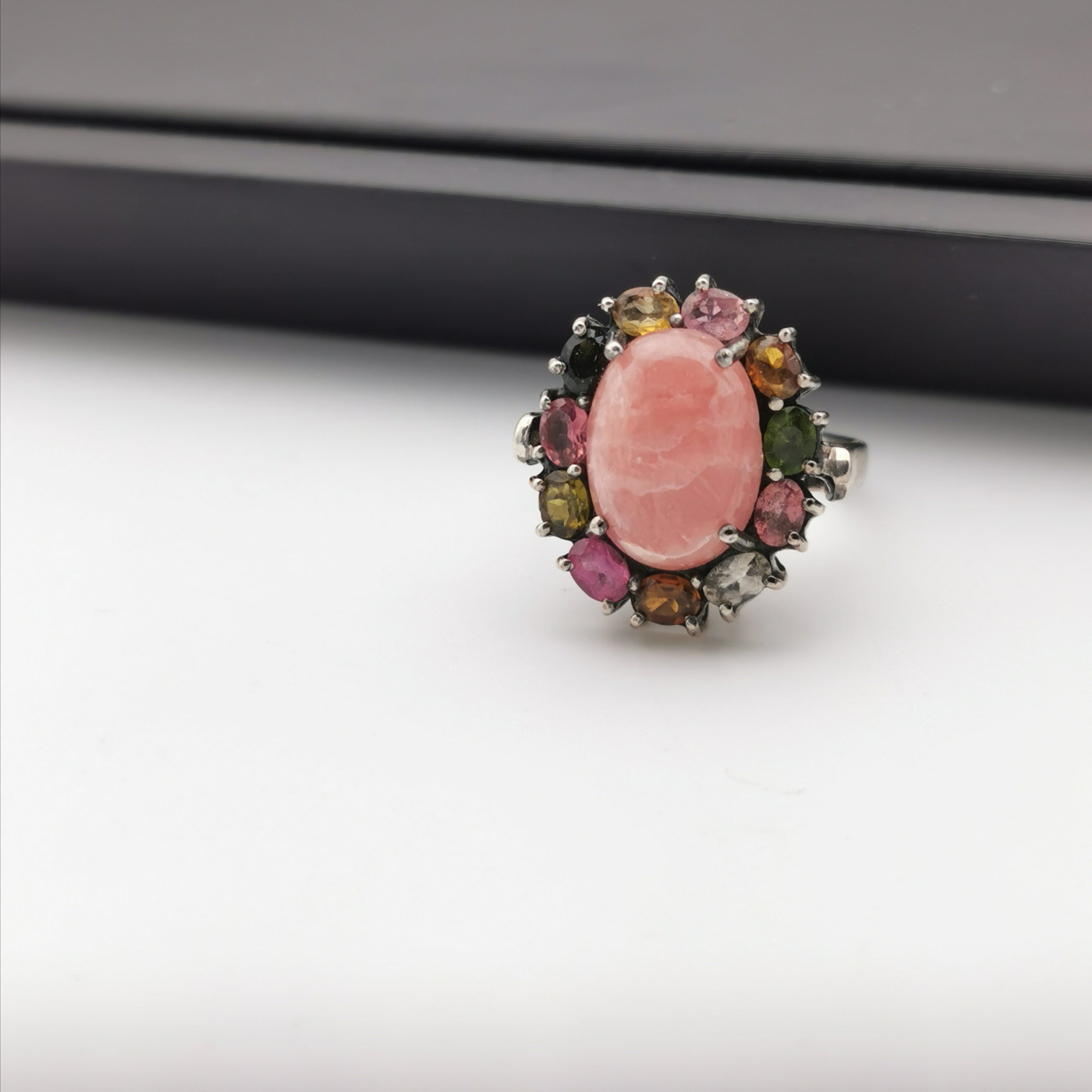 Sterling silver with rhodochrosite tourmaline ring
