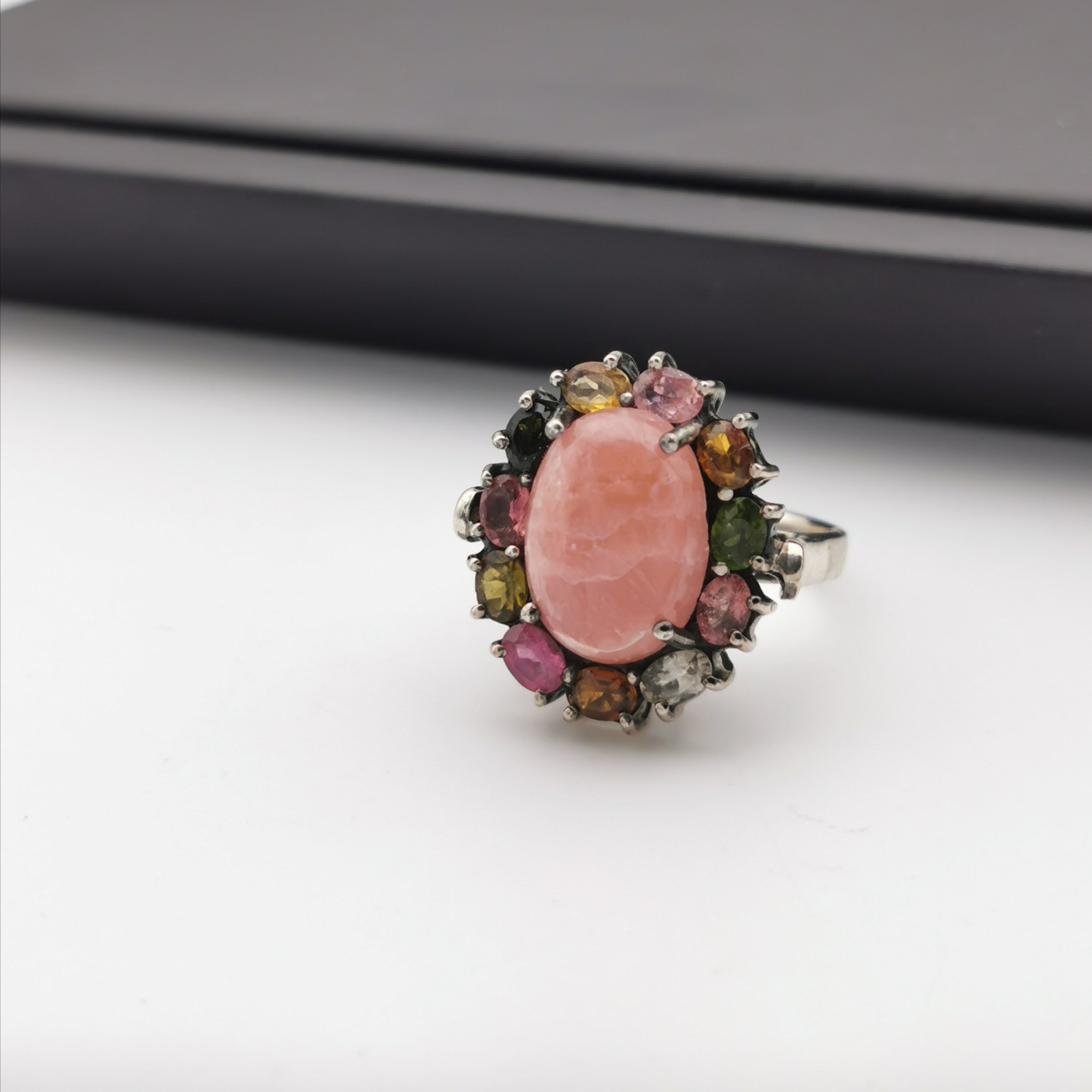 Sterling silver with rhodochrosite tourmaline ring