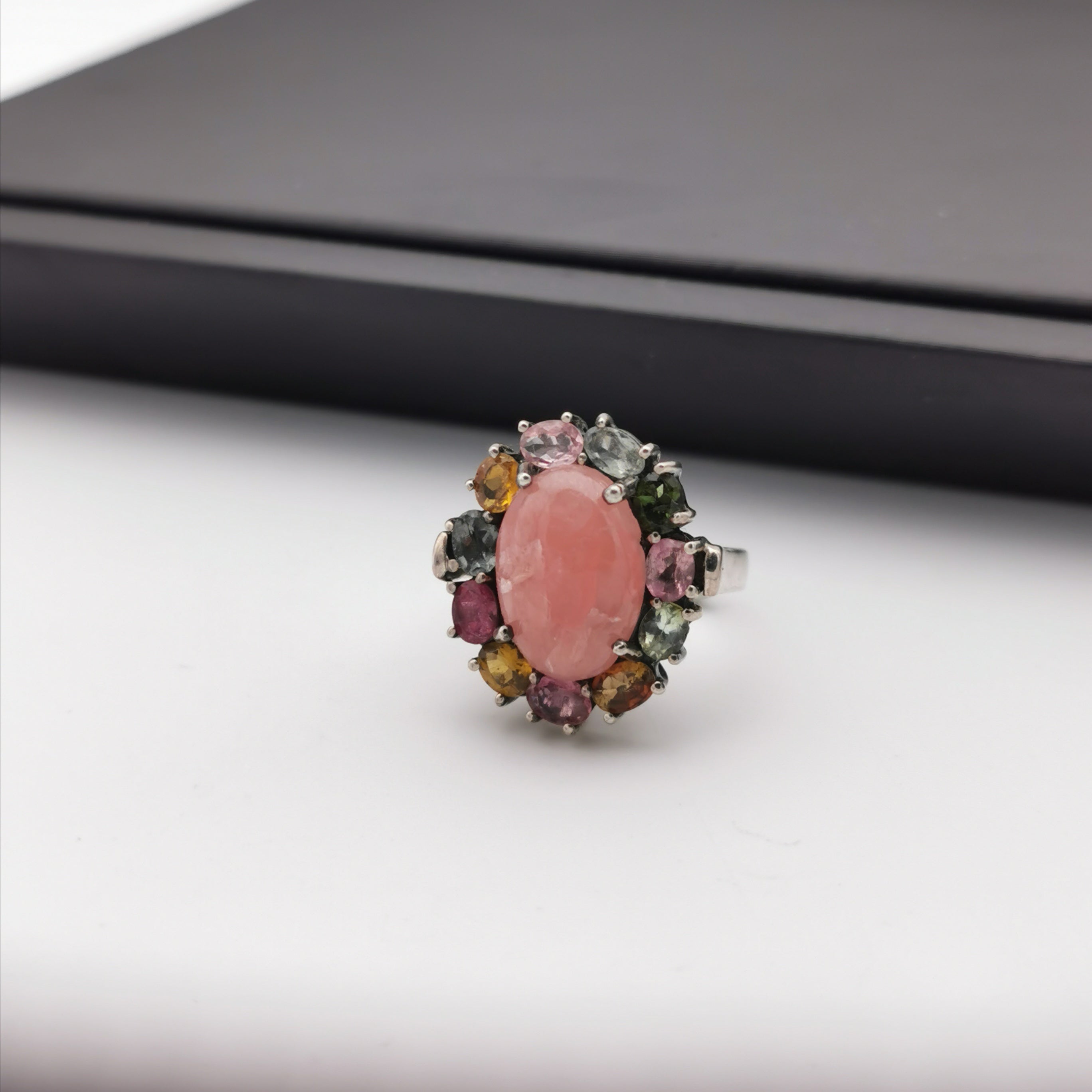 Sterling silver with rhodochrosite tourmaline ring