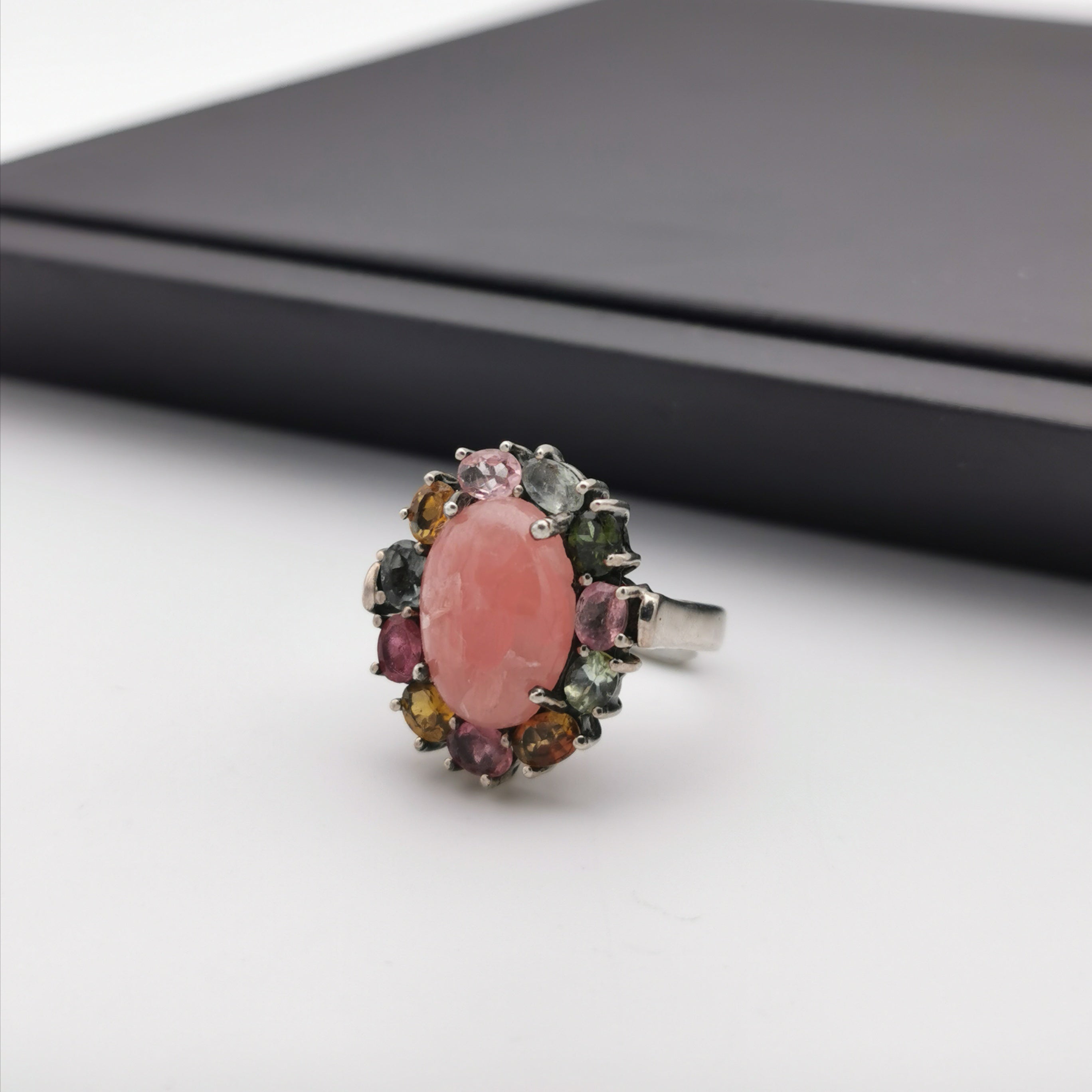 Sterling silver with rhodochrosite tourmaline ring