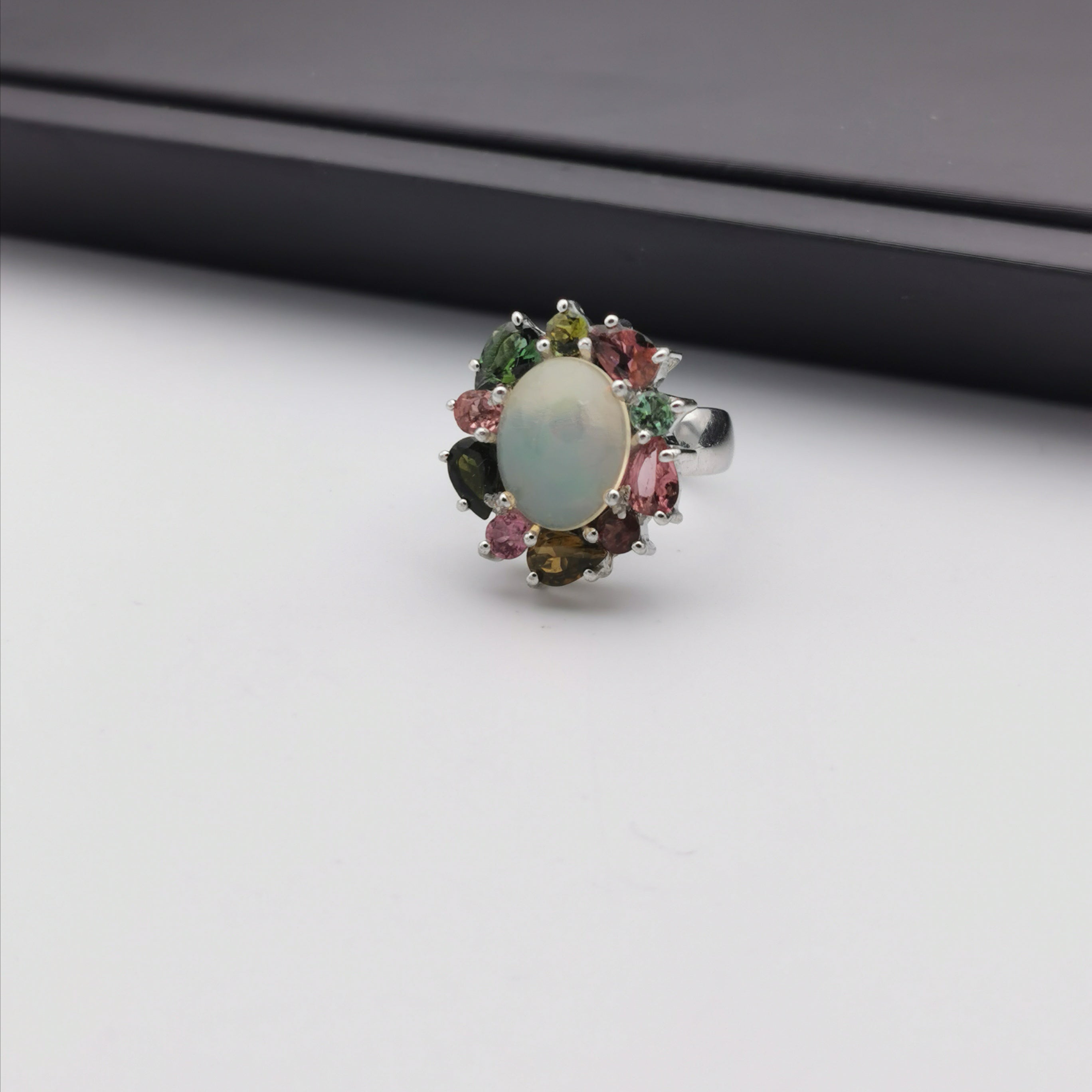 Sterling silver with Ethiopian opal and tourmaline ring