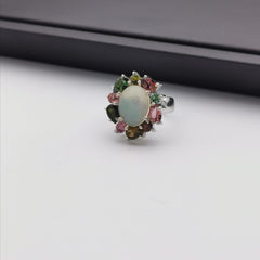 Sterling silver with Ethiopian opal and tourmaline ring
