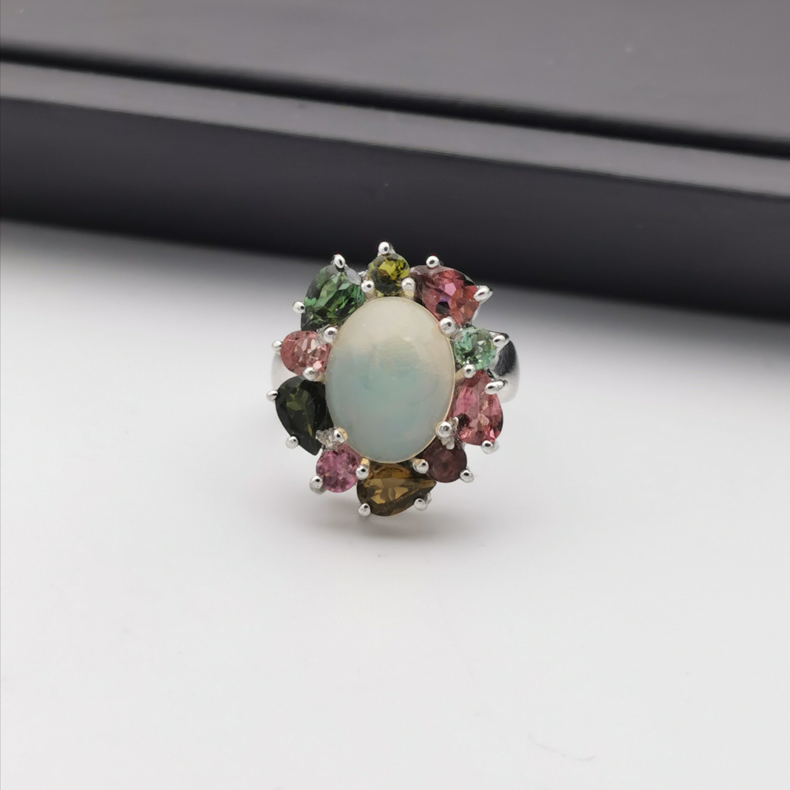 Sterling silver with Ethiopian opal and tourmaline ring