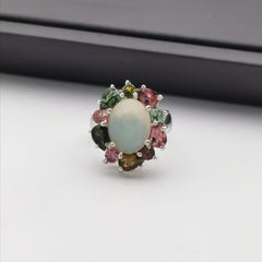 Sterling silver with Ethiopian opal and tourmaline ring