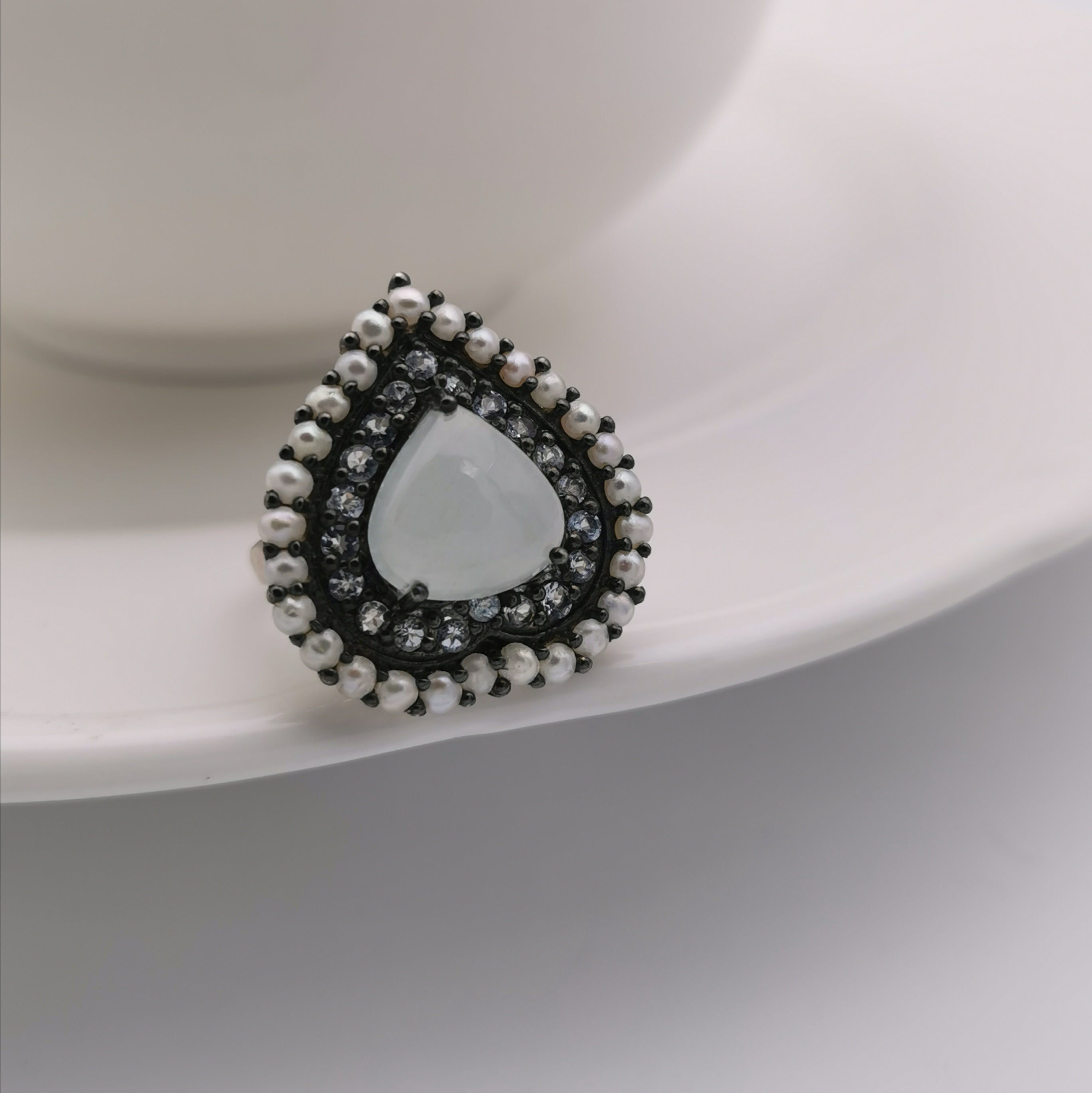Sterling silver with freshwater pearl amd aquamarine heart ring